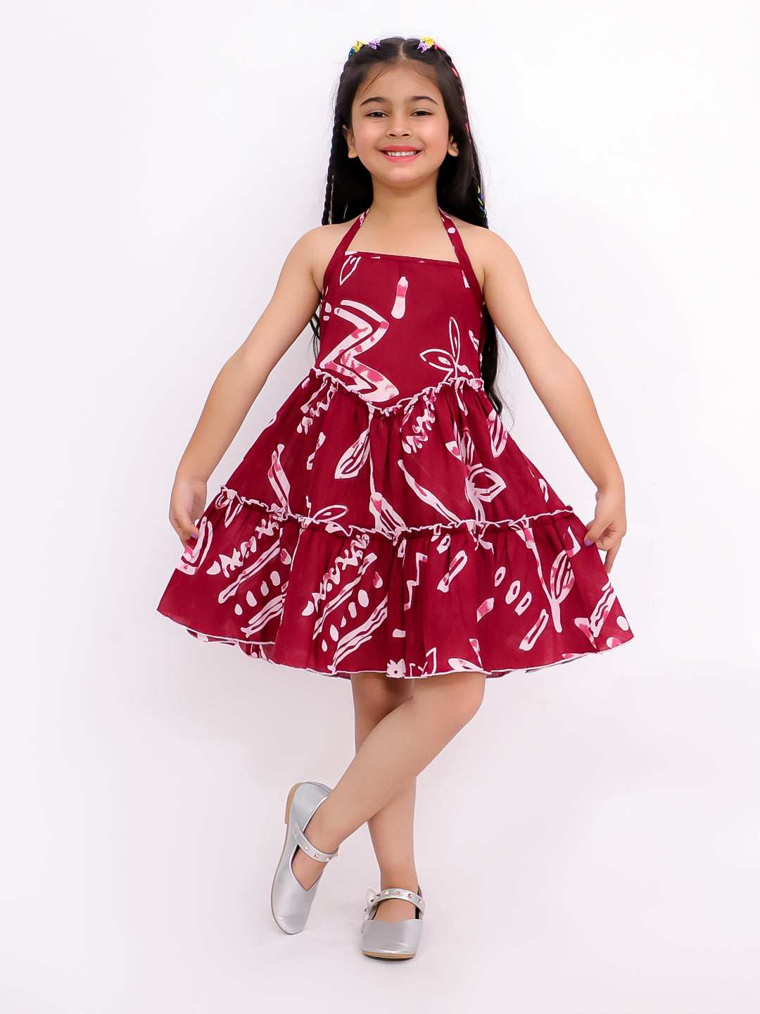 Cotton halterneck printed frock-T-Maroonfrock