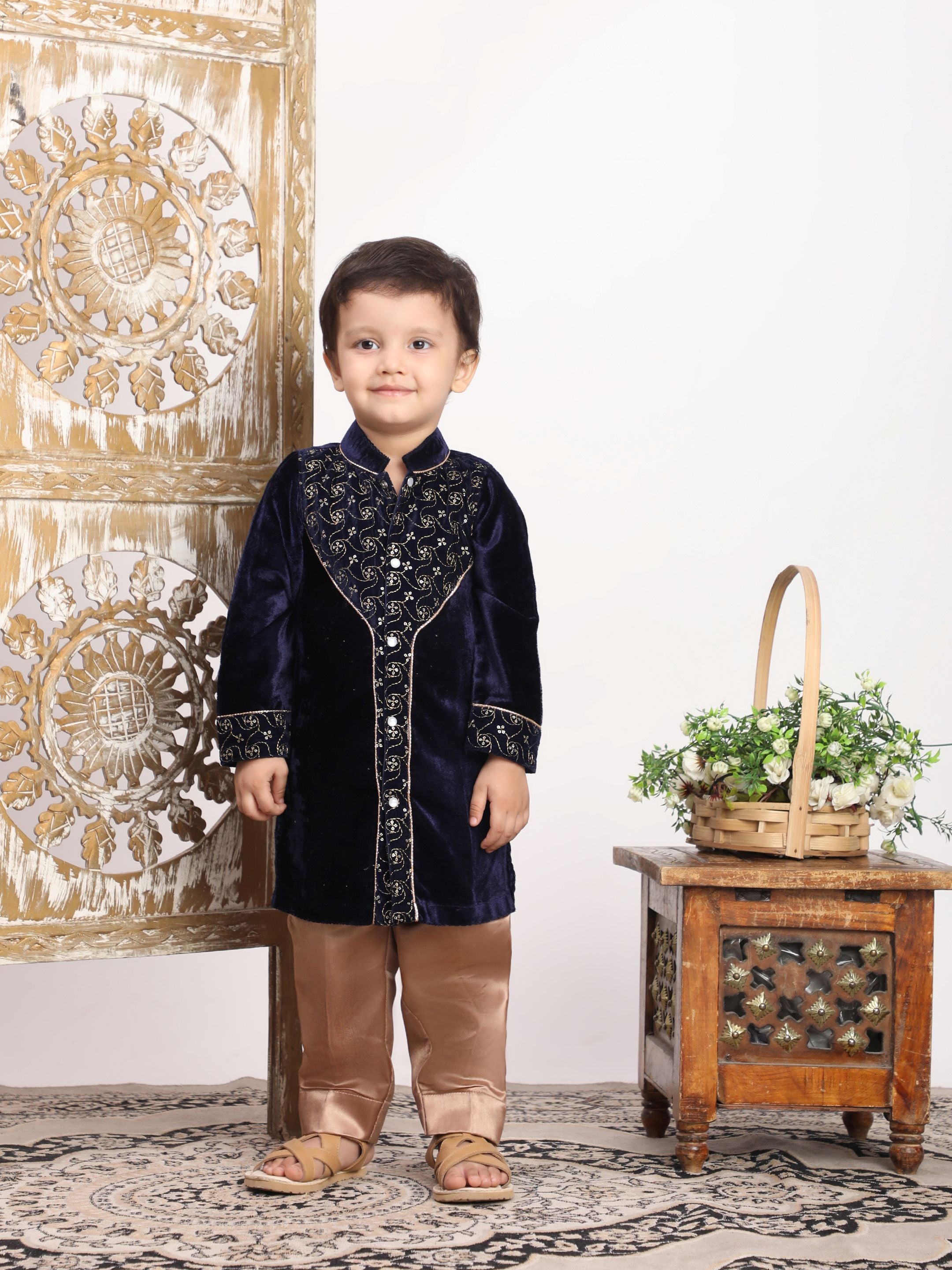 Embelished navy blue velvet kurta with satin pant-T-BK2