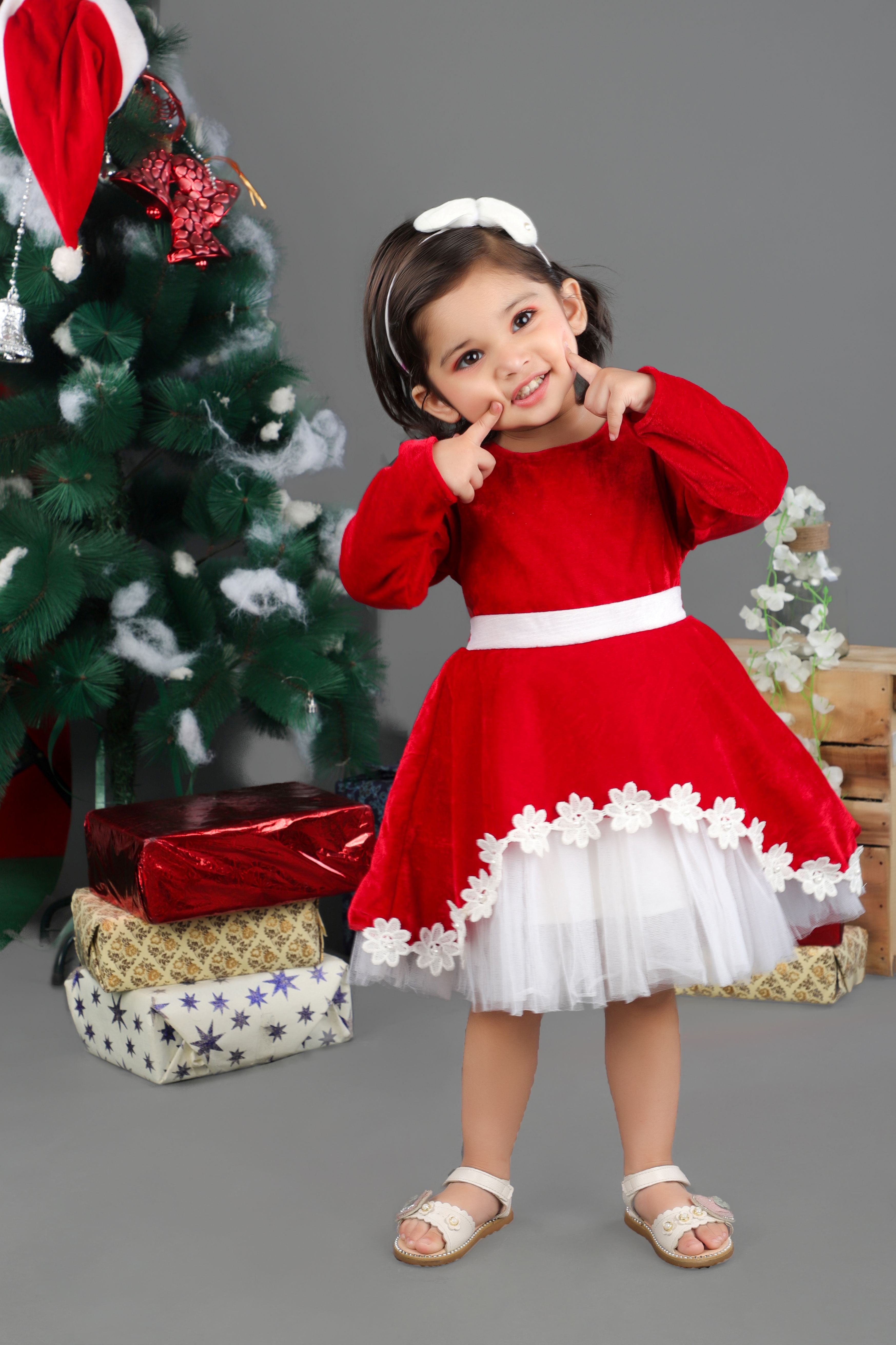 Flower embelished velvet christmas frock-Red