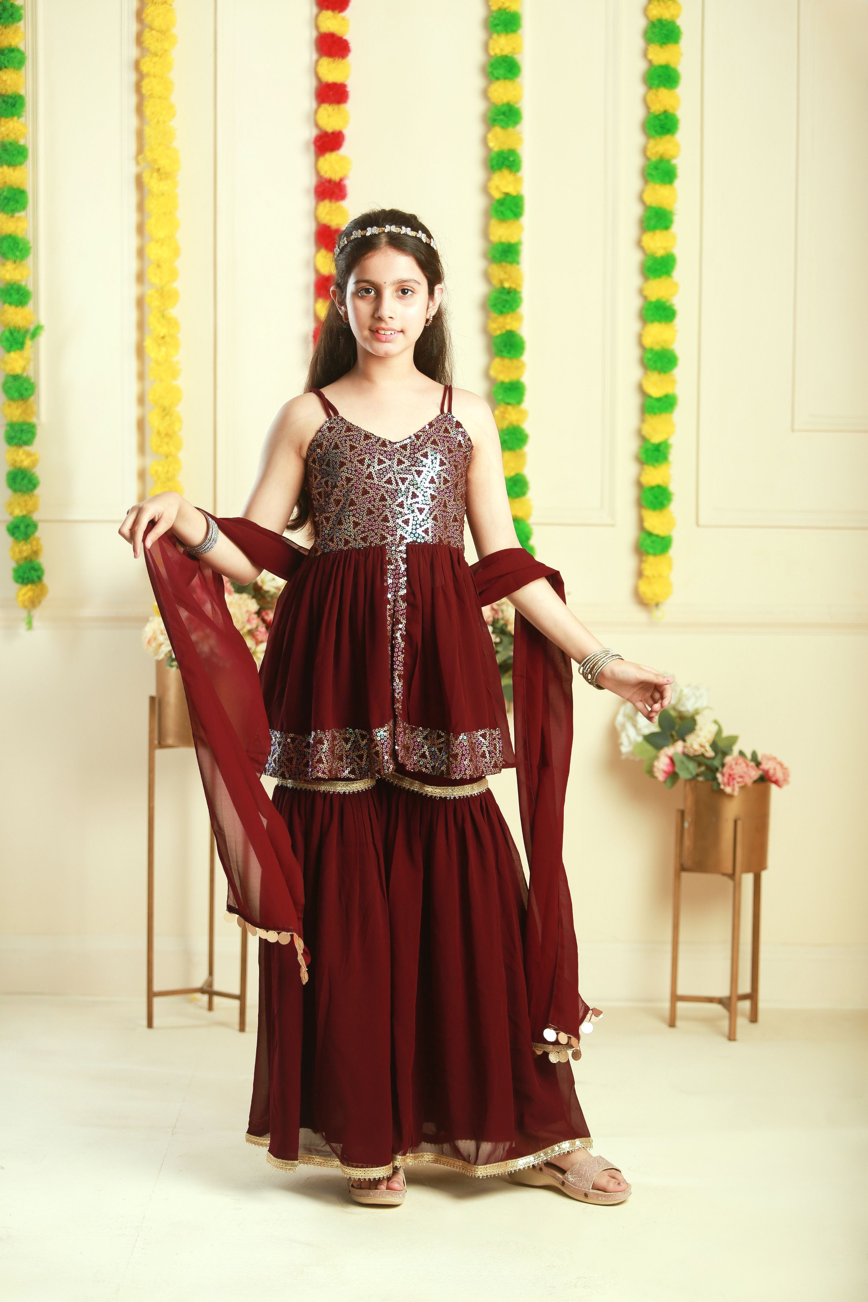 Peplum style georgette sharara set-T-Winebig