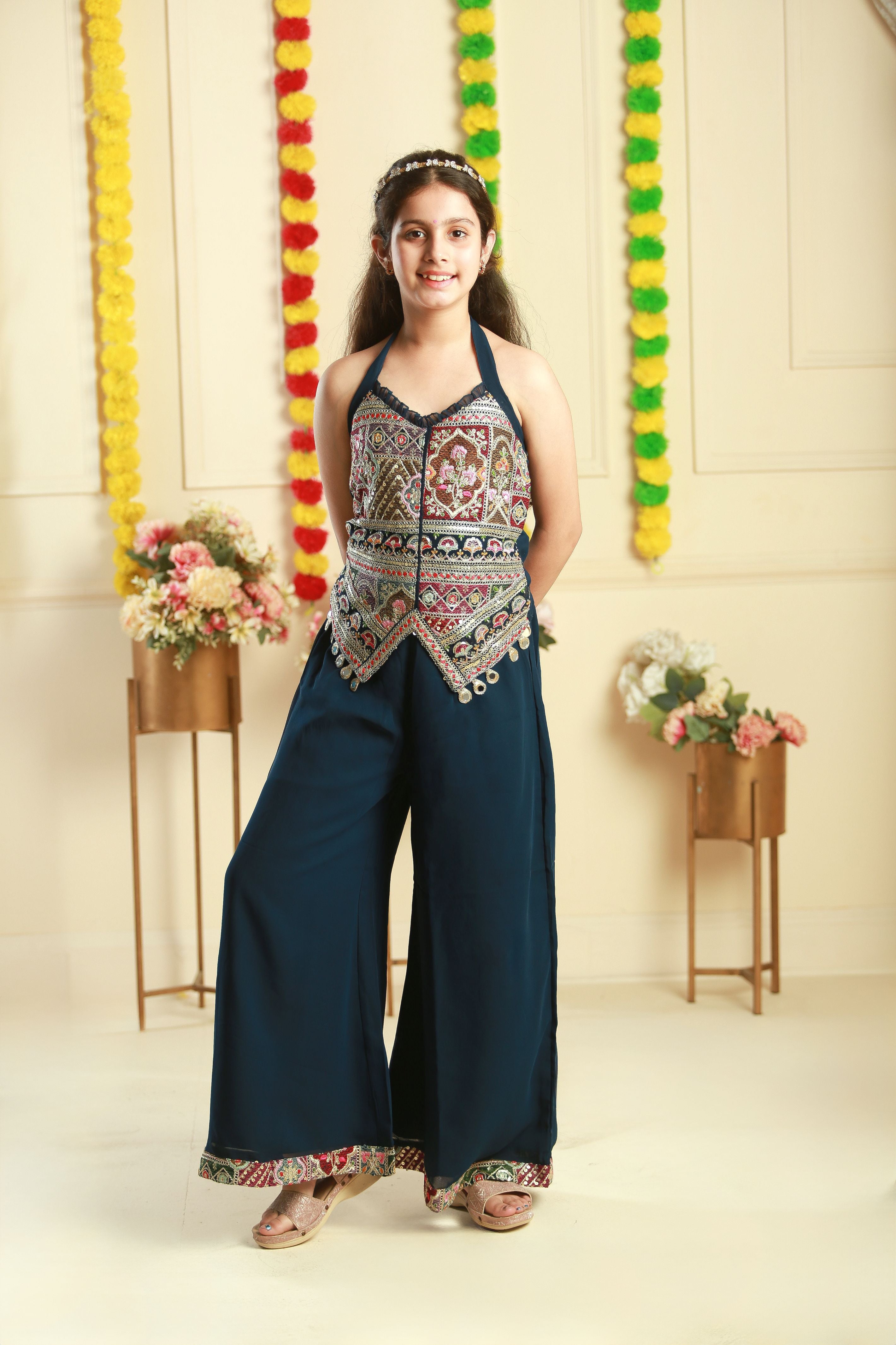 Thread embroidered halter neck top and palazzo set -T-Greenbg