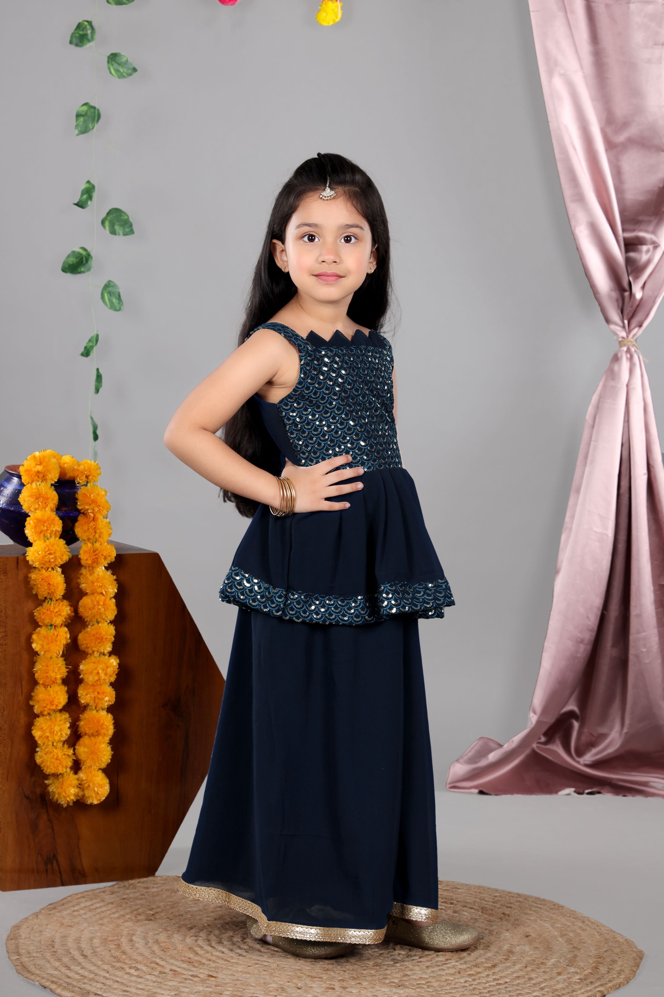 Embroidered Peplum Yop with Palazzo- Teal