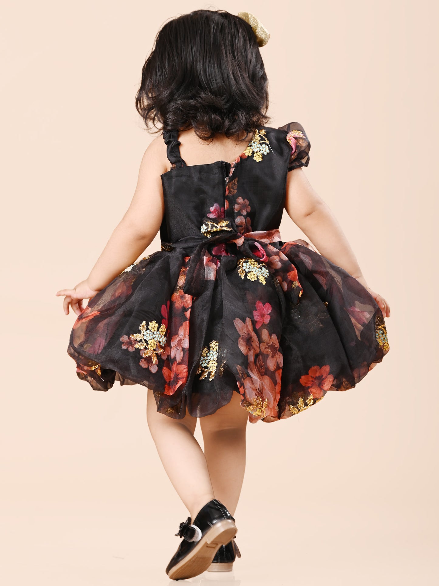 Organza Black Floral Fit and Flare Party Frock
