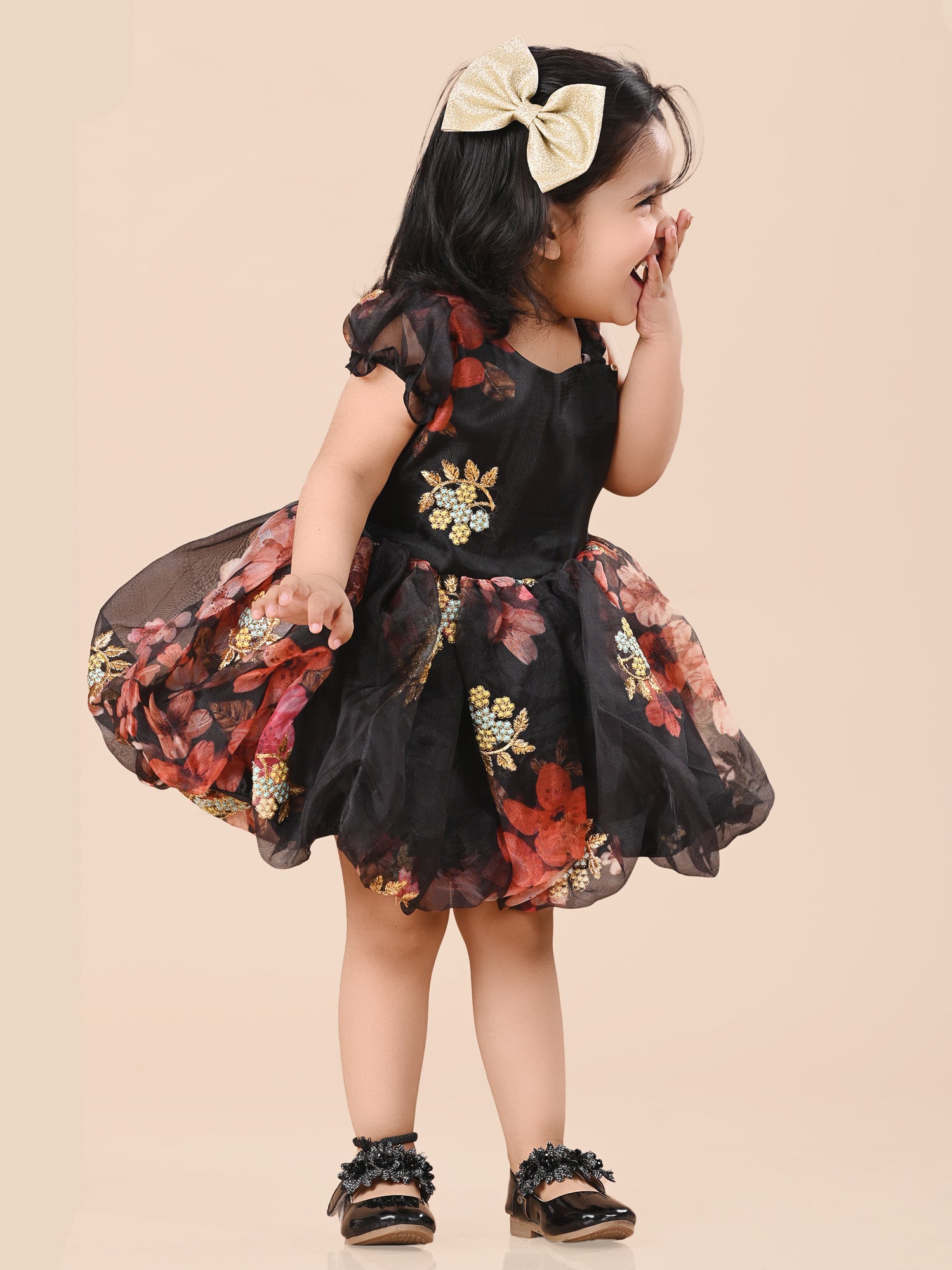 Organza Black Floral Fit and Flare Party Frock