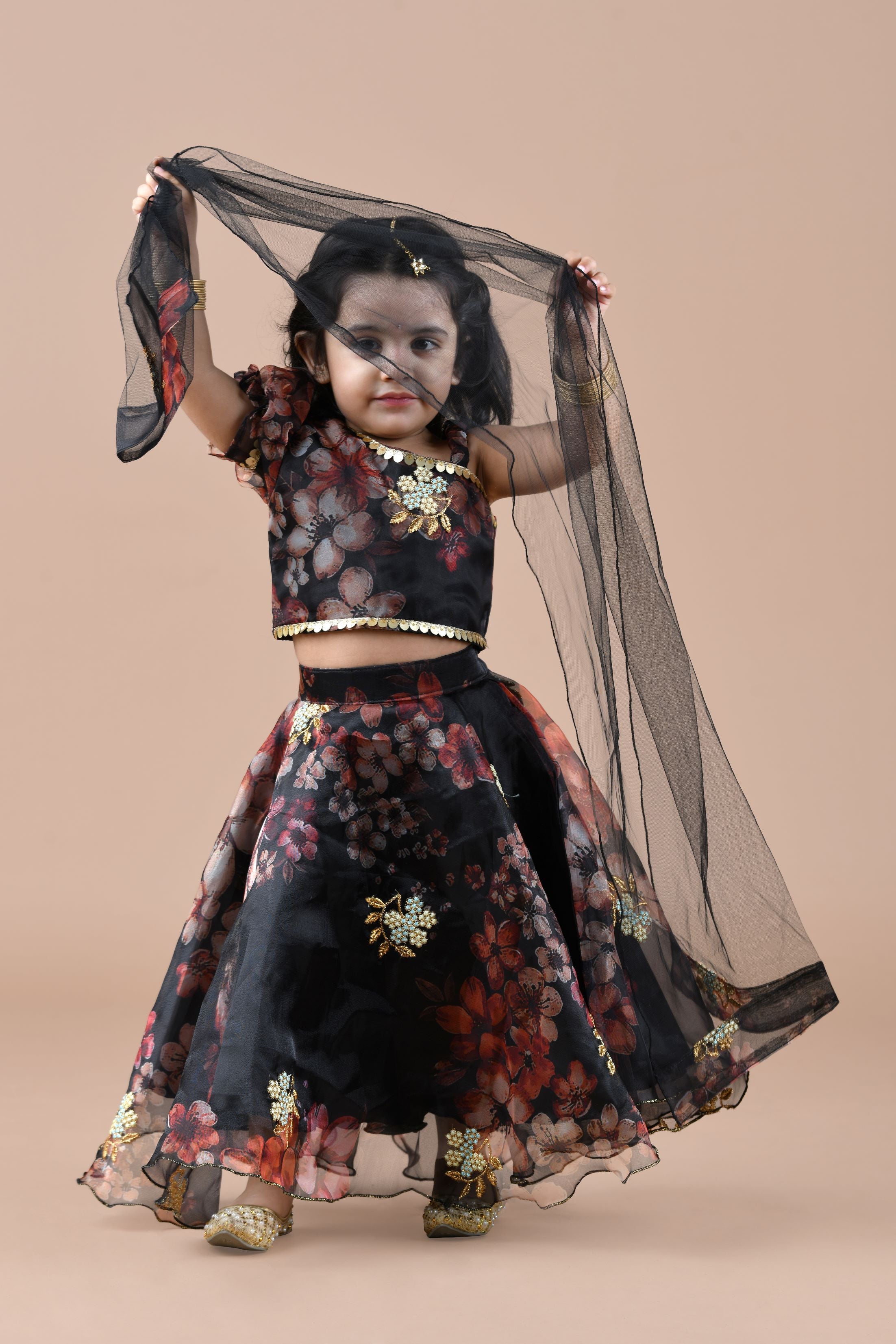 Floral Print lehenga choli and dupatta set- Black