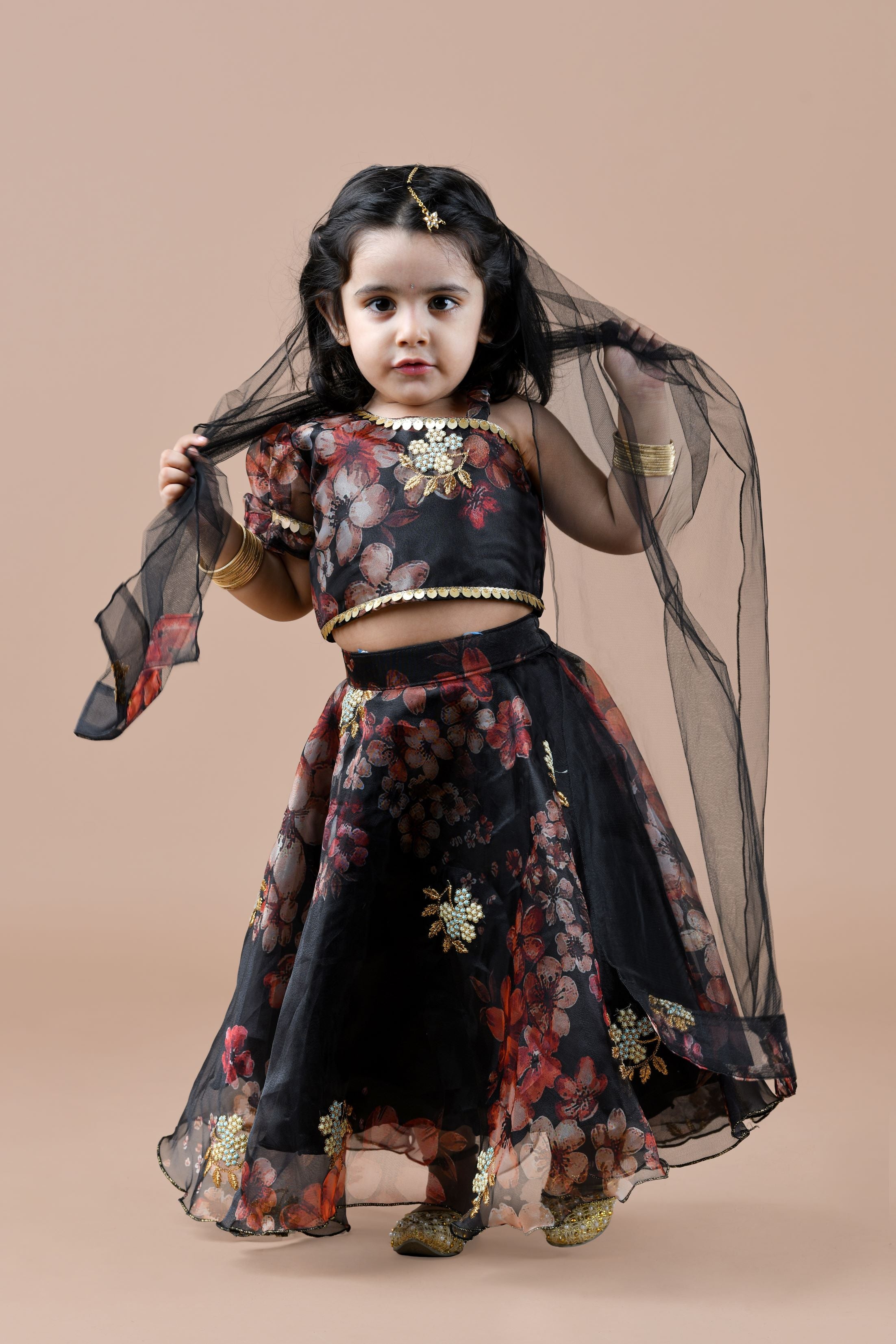 Floral Print lehenga choli and dupatta set- Black