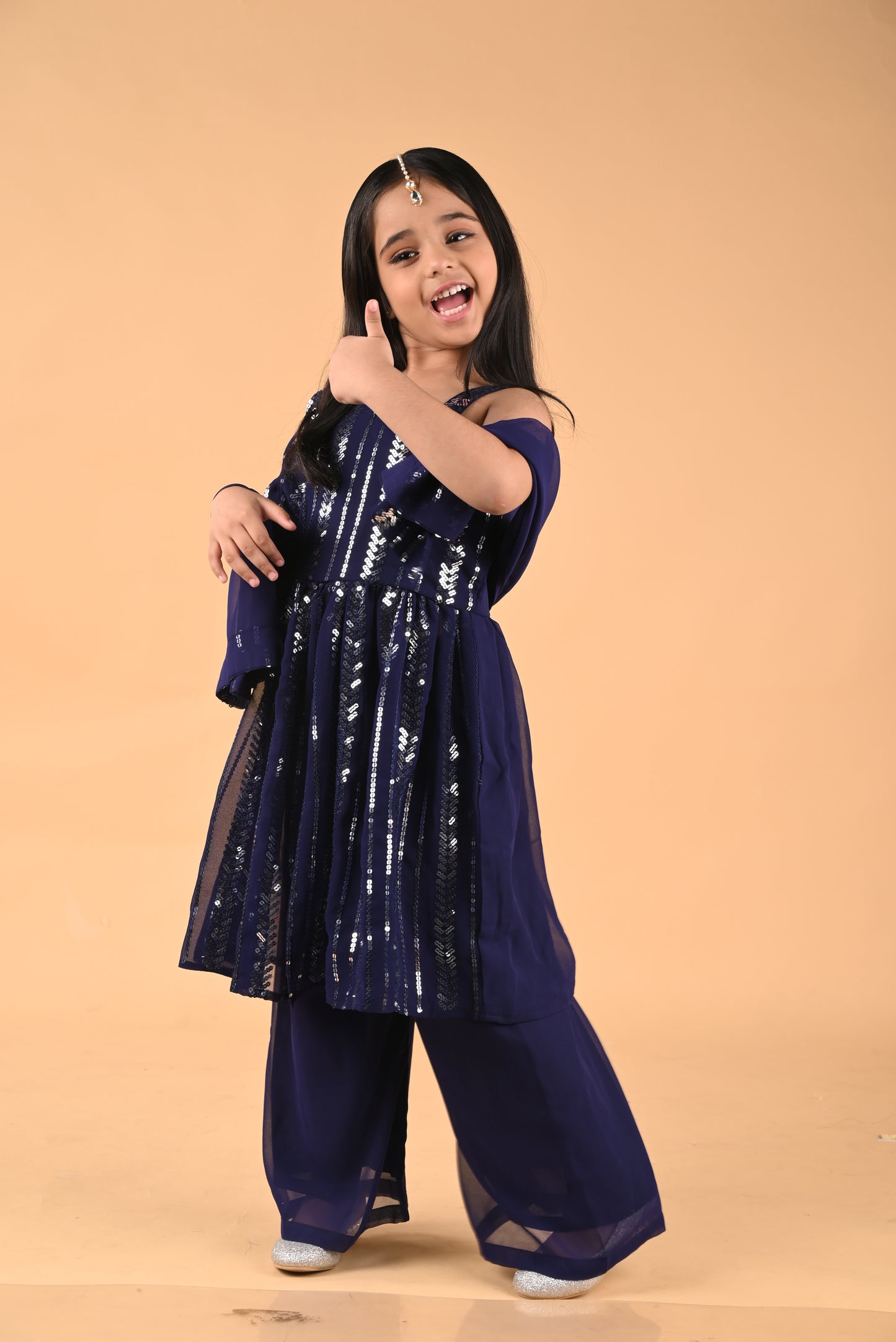 Long sequined front open top with palazzo-Royal Blue