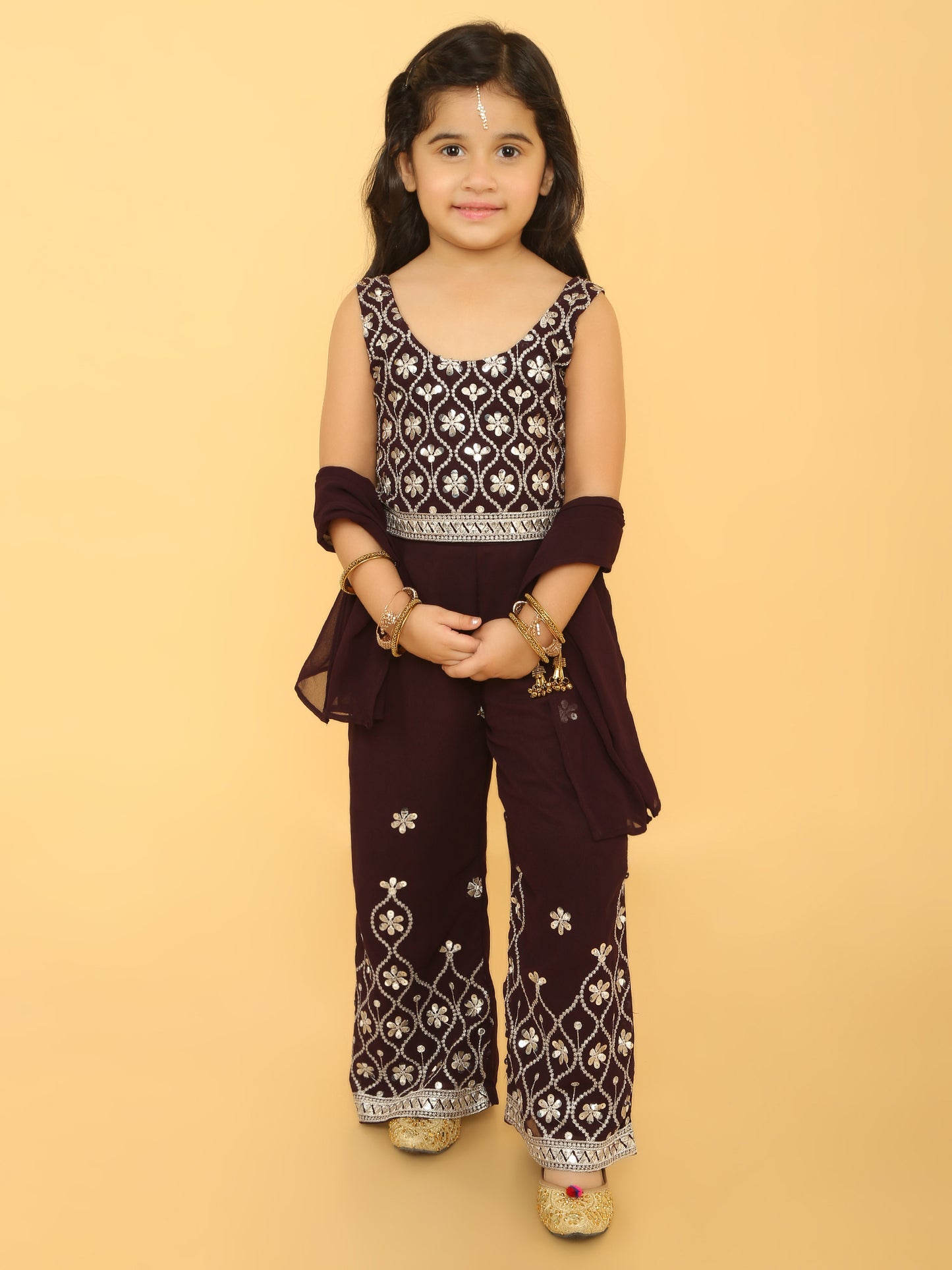 Embroidered pant and top set with dupatta-Brown
