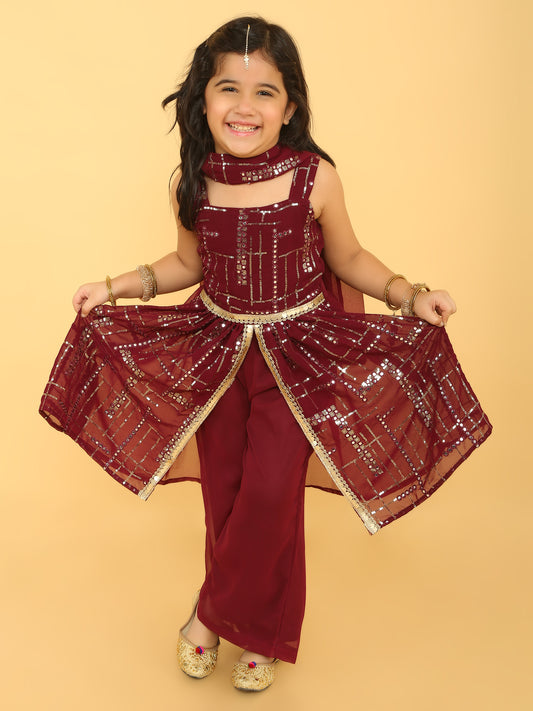 Sequined long top with solid Georgett palazzo-Burgundy