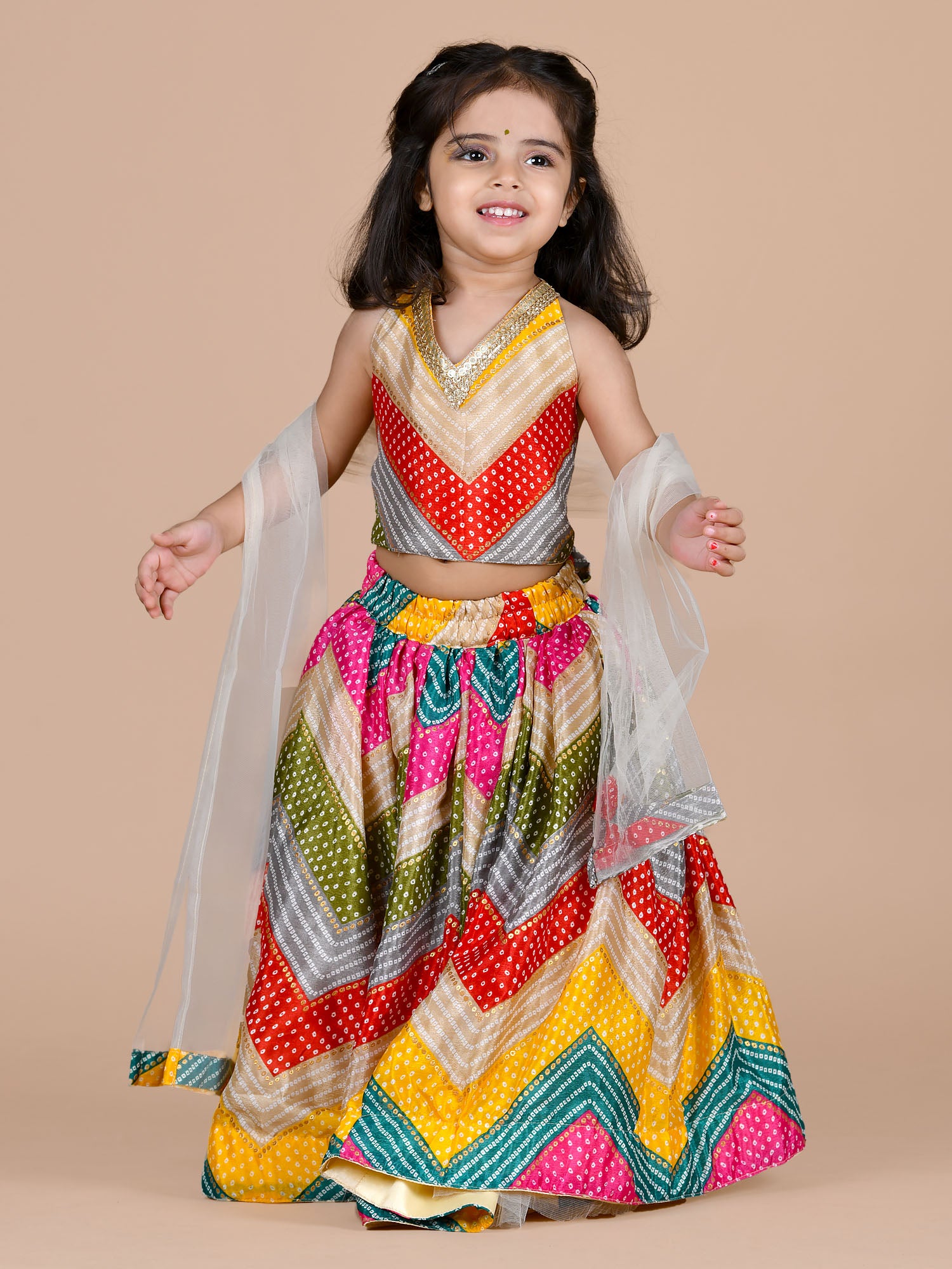 Chunri print fit and flare lehenga with halter neck choli- Multicolour