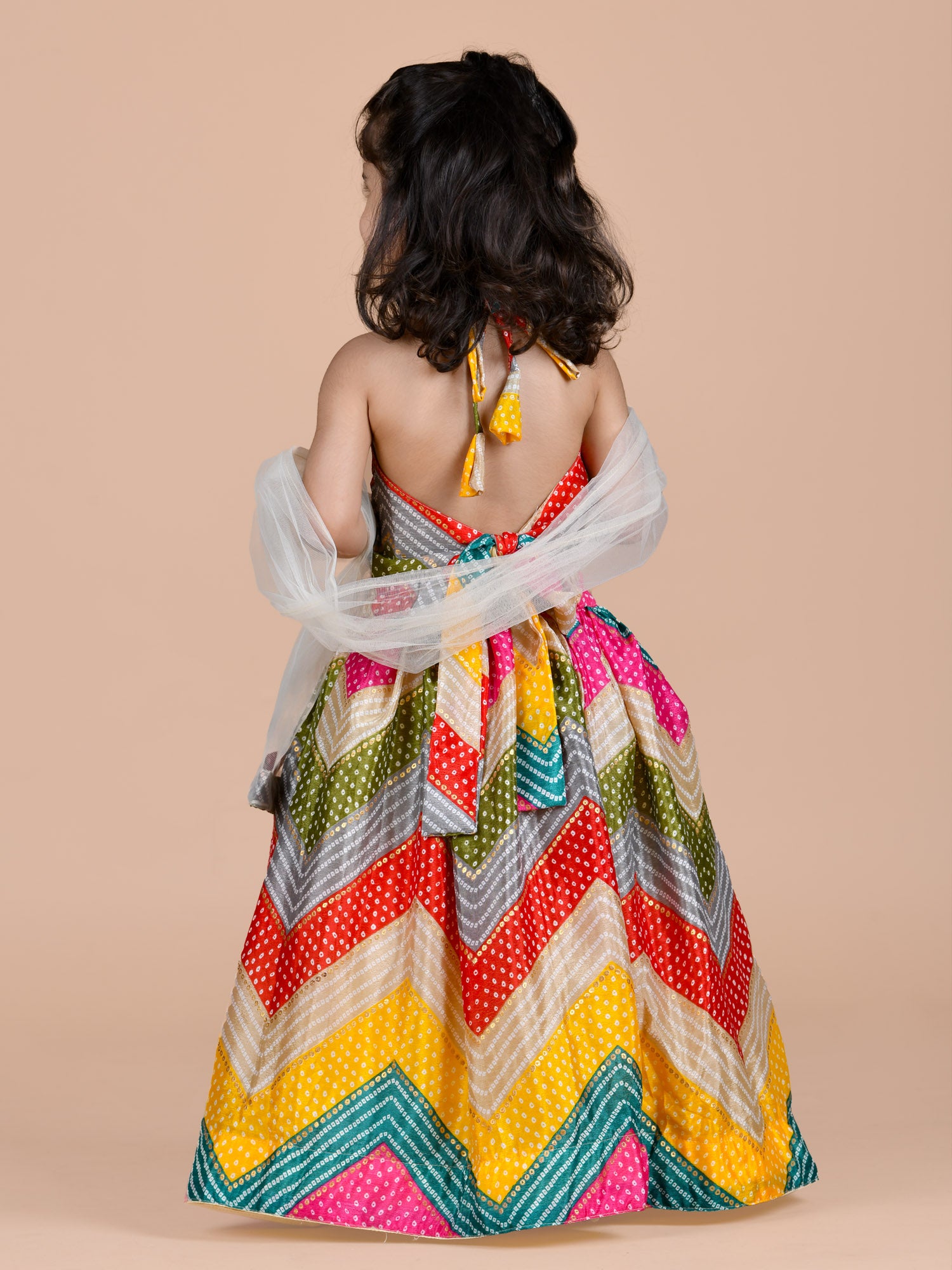 Chunri print fit and flare lehenga with halter neck choli- Multicolour