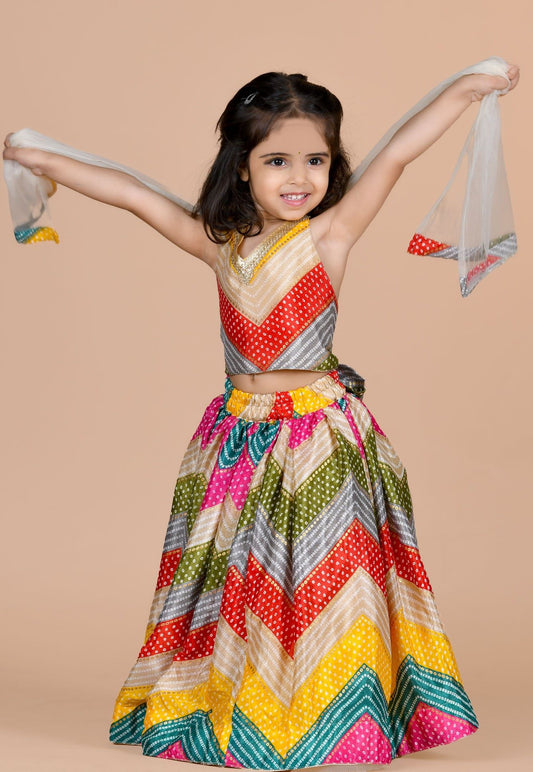 Chunri print fit and flare lehenga with halter neck choli- Multicolour