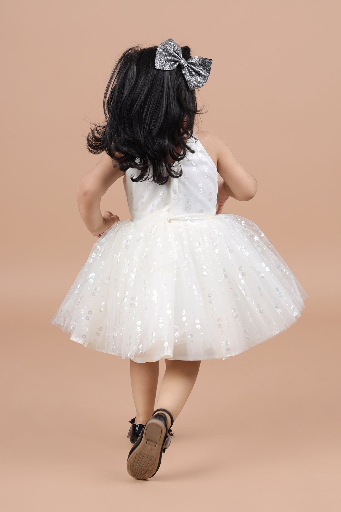 Soft and trendy  fit and flare net party frock-Crem