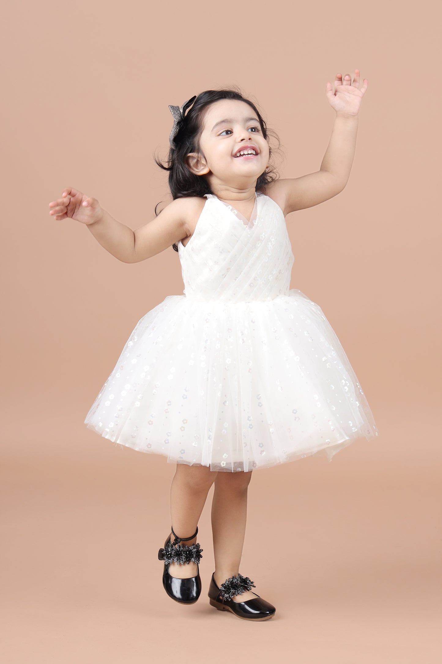 Soft and trendy  fit and flare net party frock-Crem