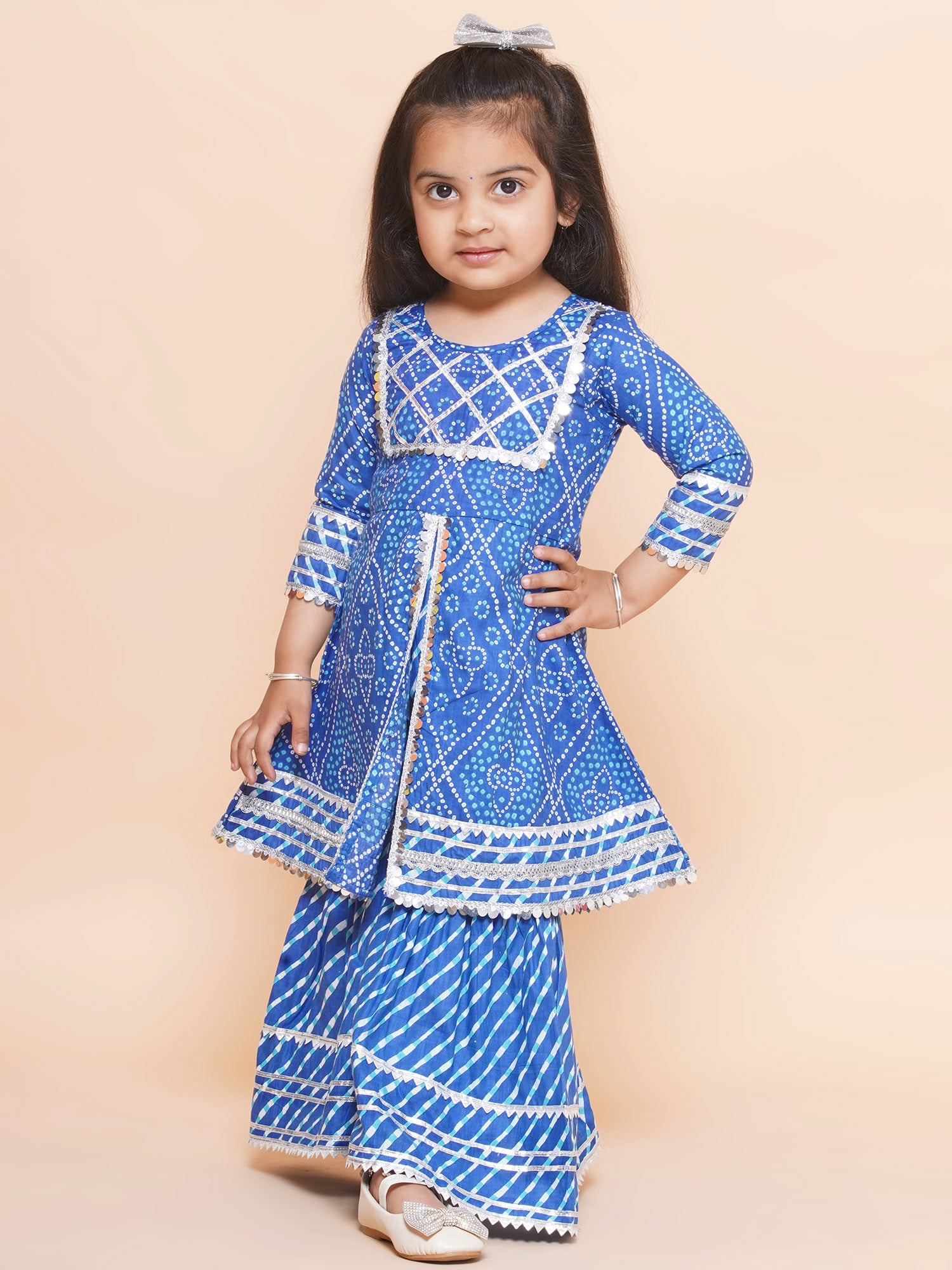 Chunri print cotton kurti and sharara set -Blue