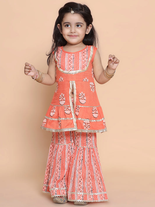 Printed kurti and sharara set - Peach