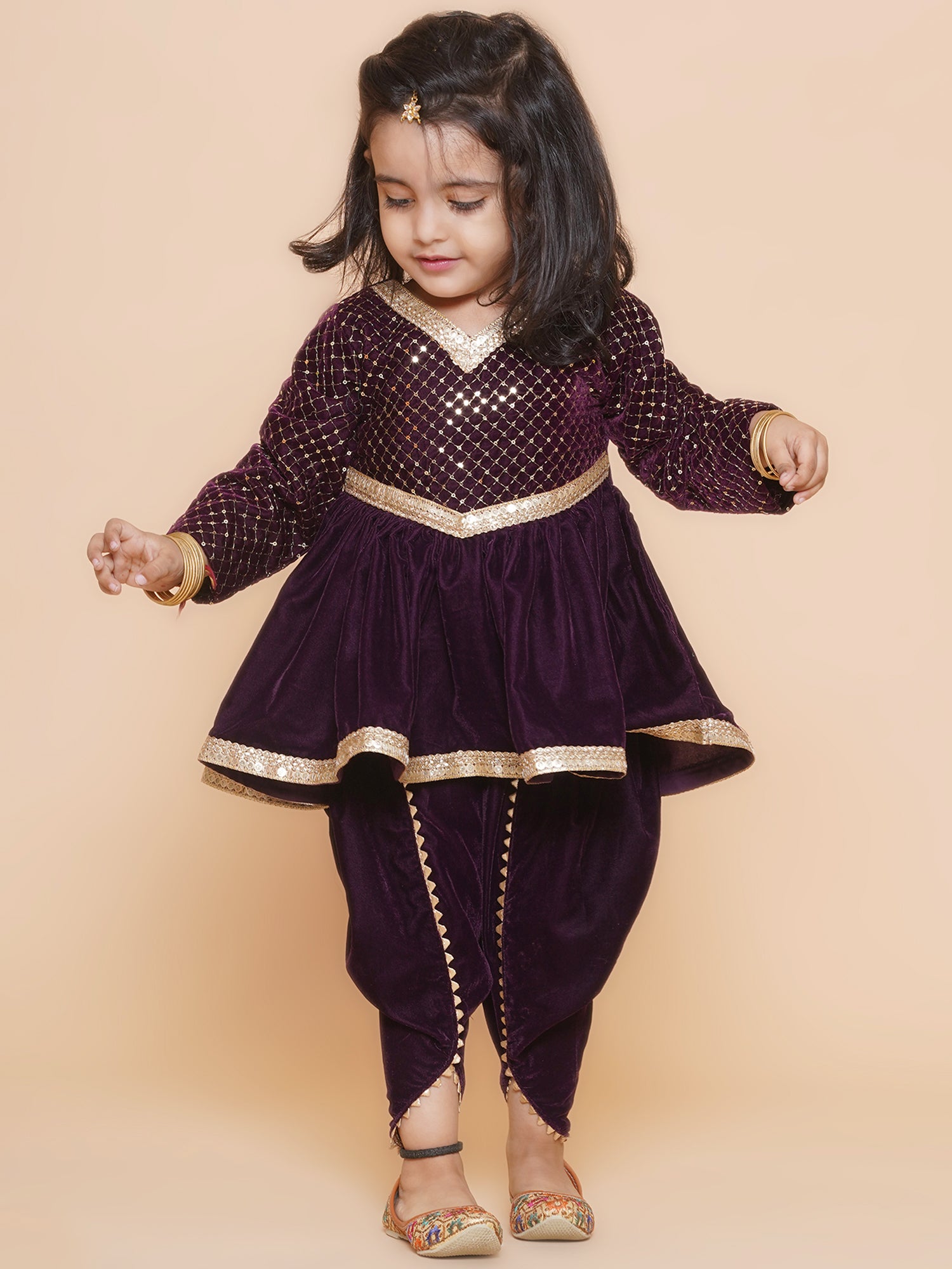 embroidered velvet kurti and dhoti -Wine