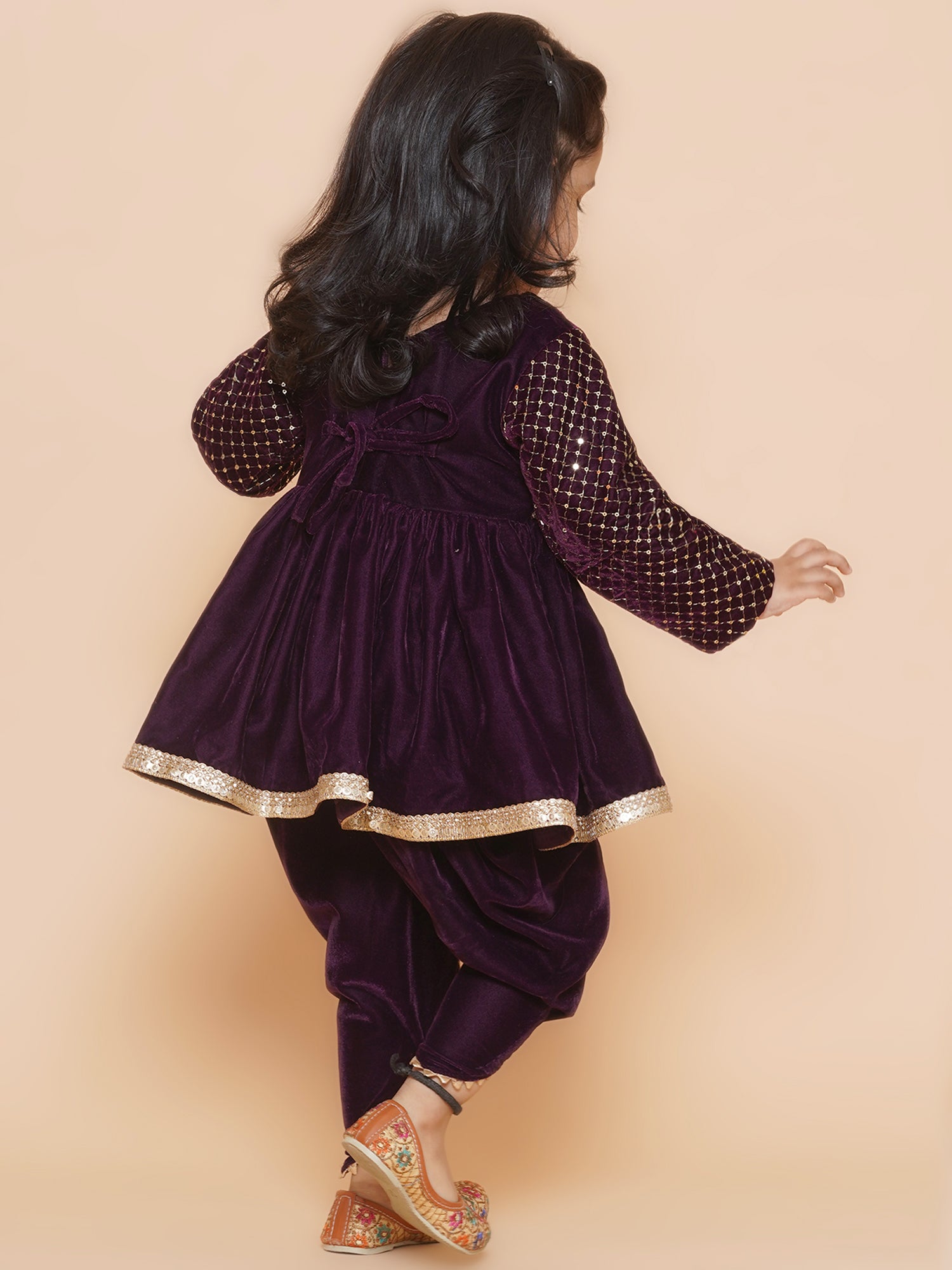 embroidered velvet kurti and dhoti -Wine