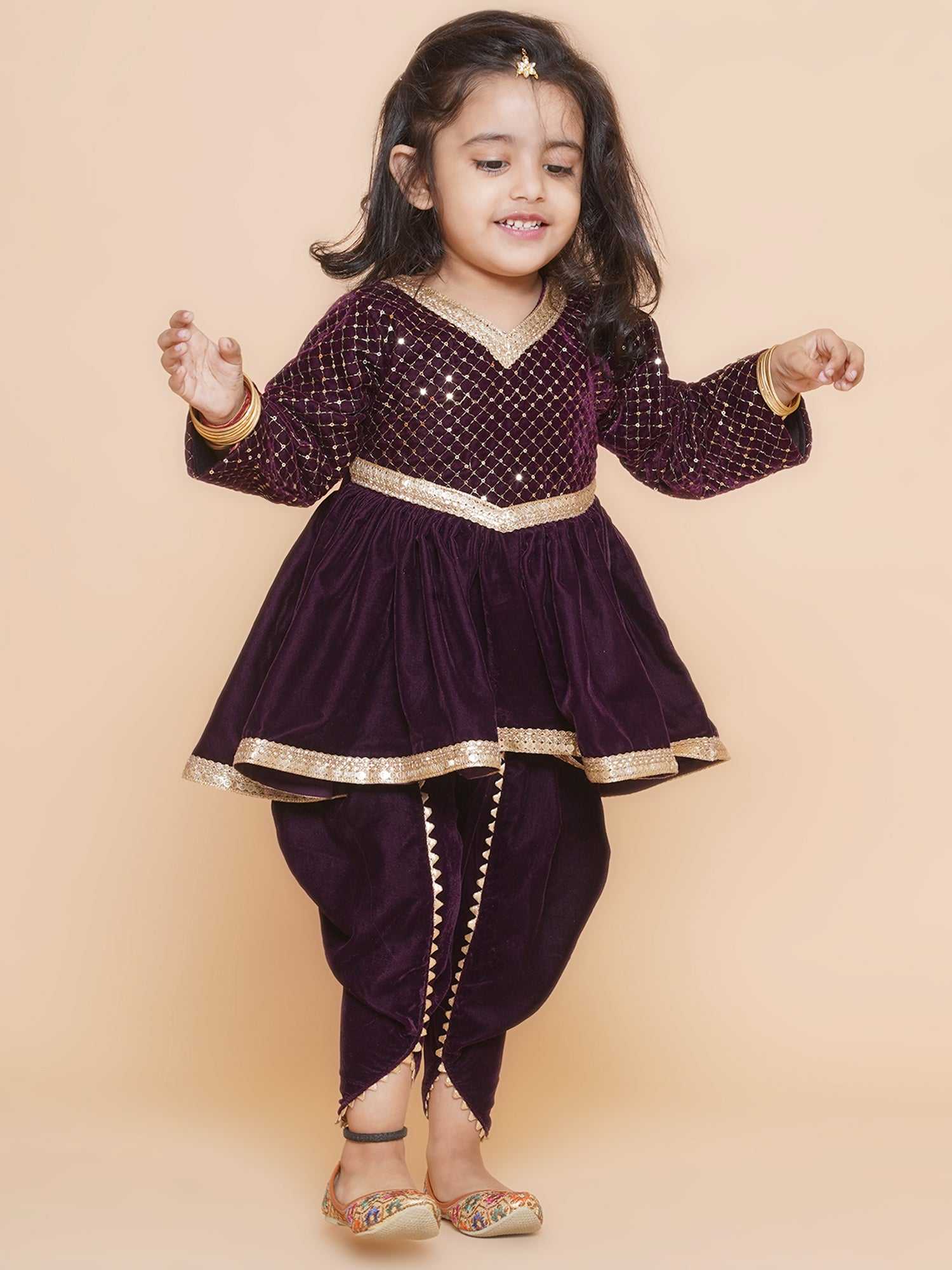 embroidered velvet kurti and dhoti -Wine