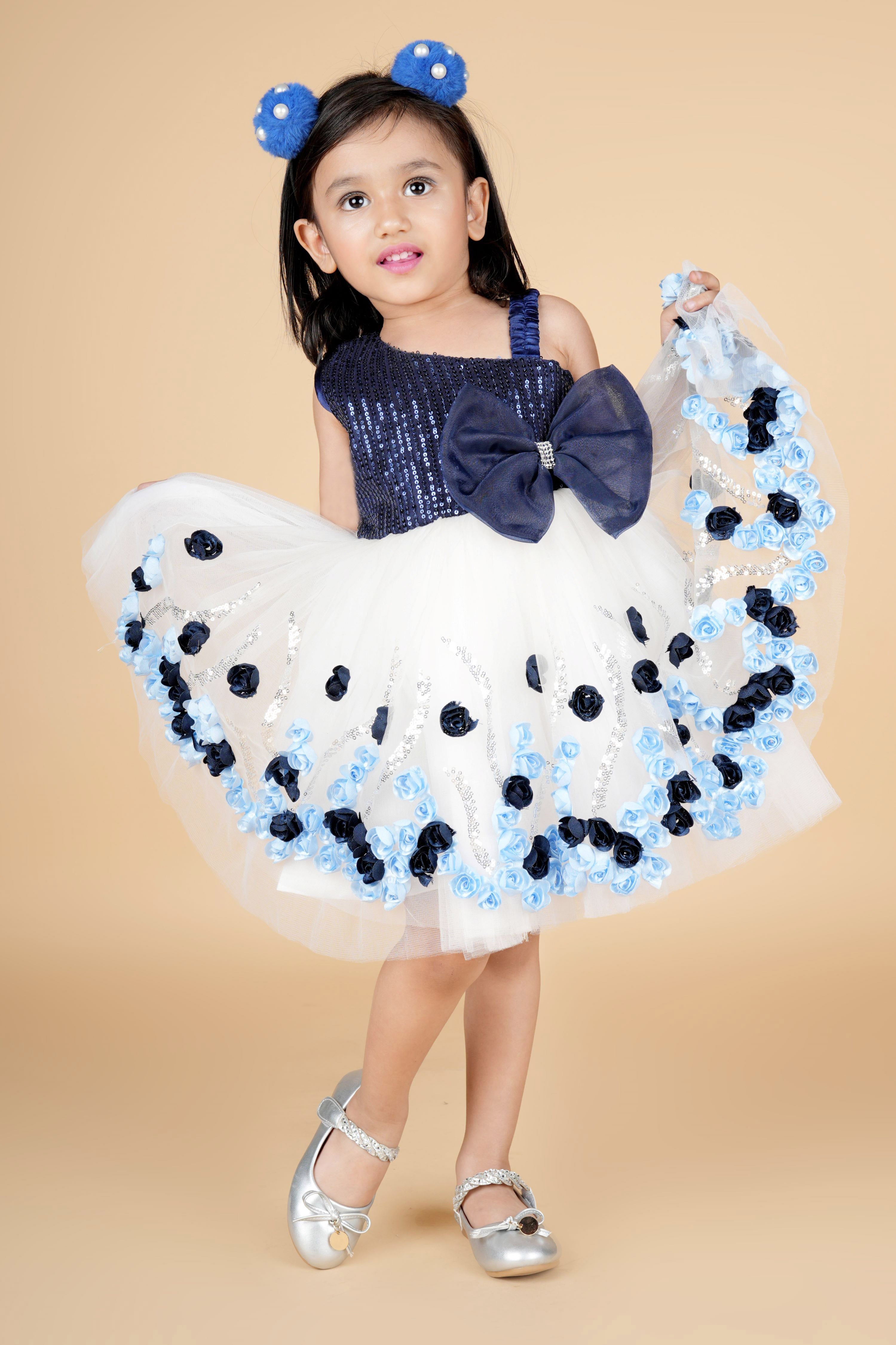 Fit and flare white and navy party frock