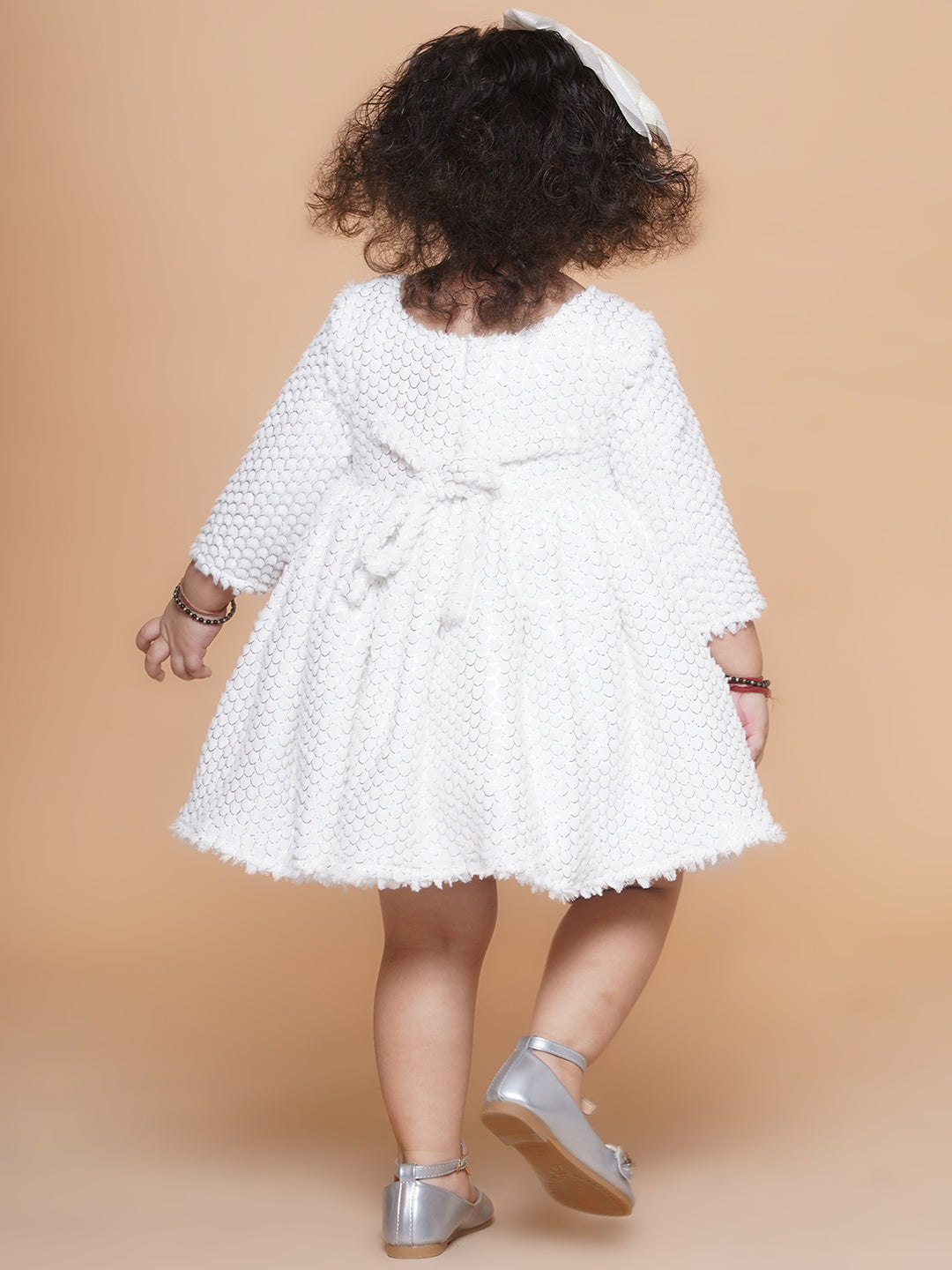 Winter fur full sleeves fit and flare party frock- White
