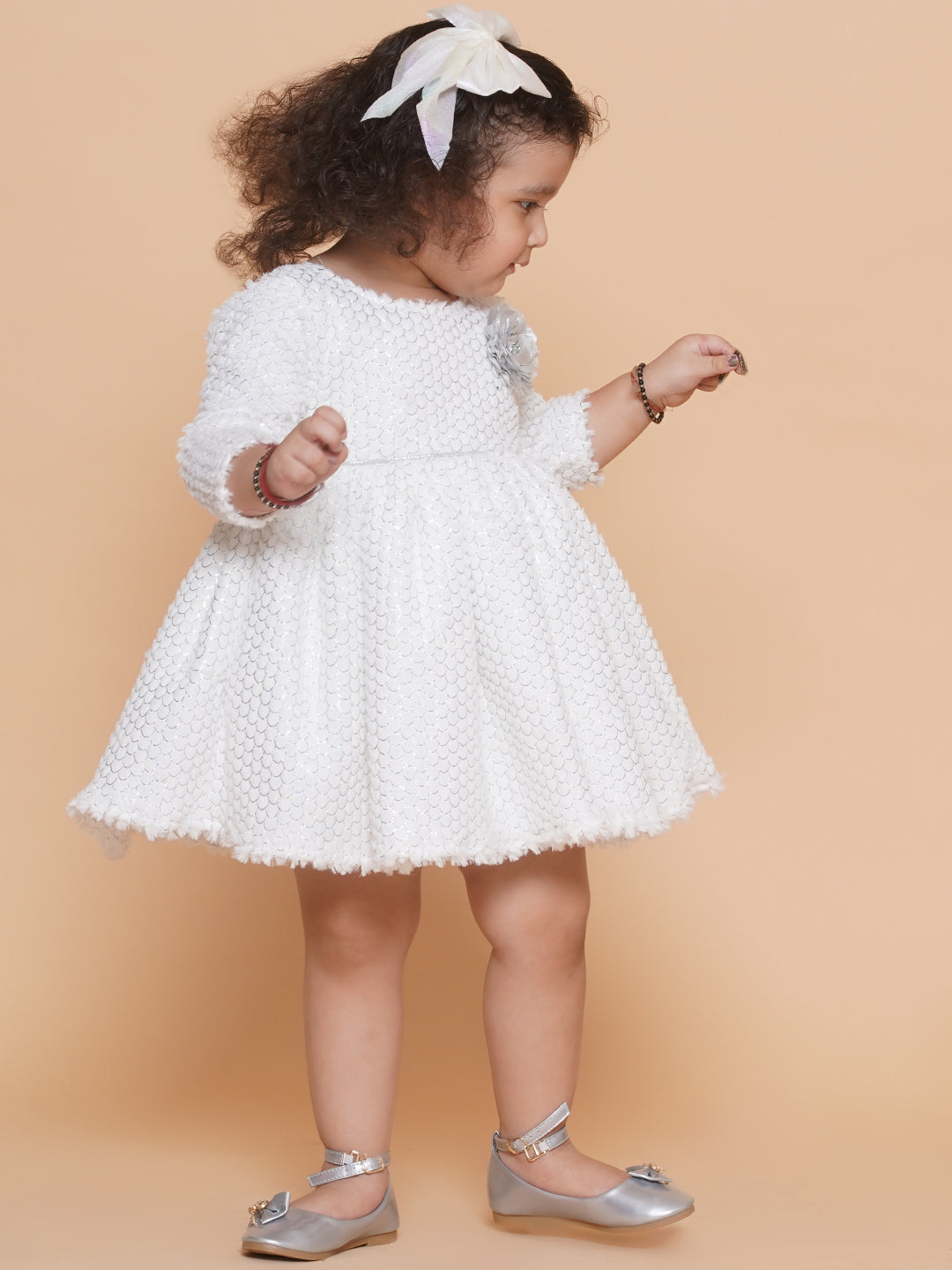 Winter fur full sleeves fit and flare party frock- White