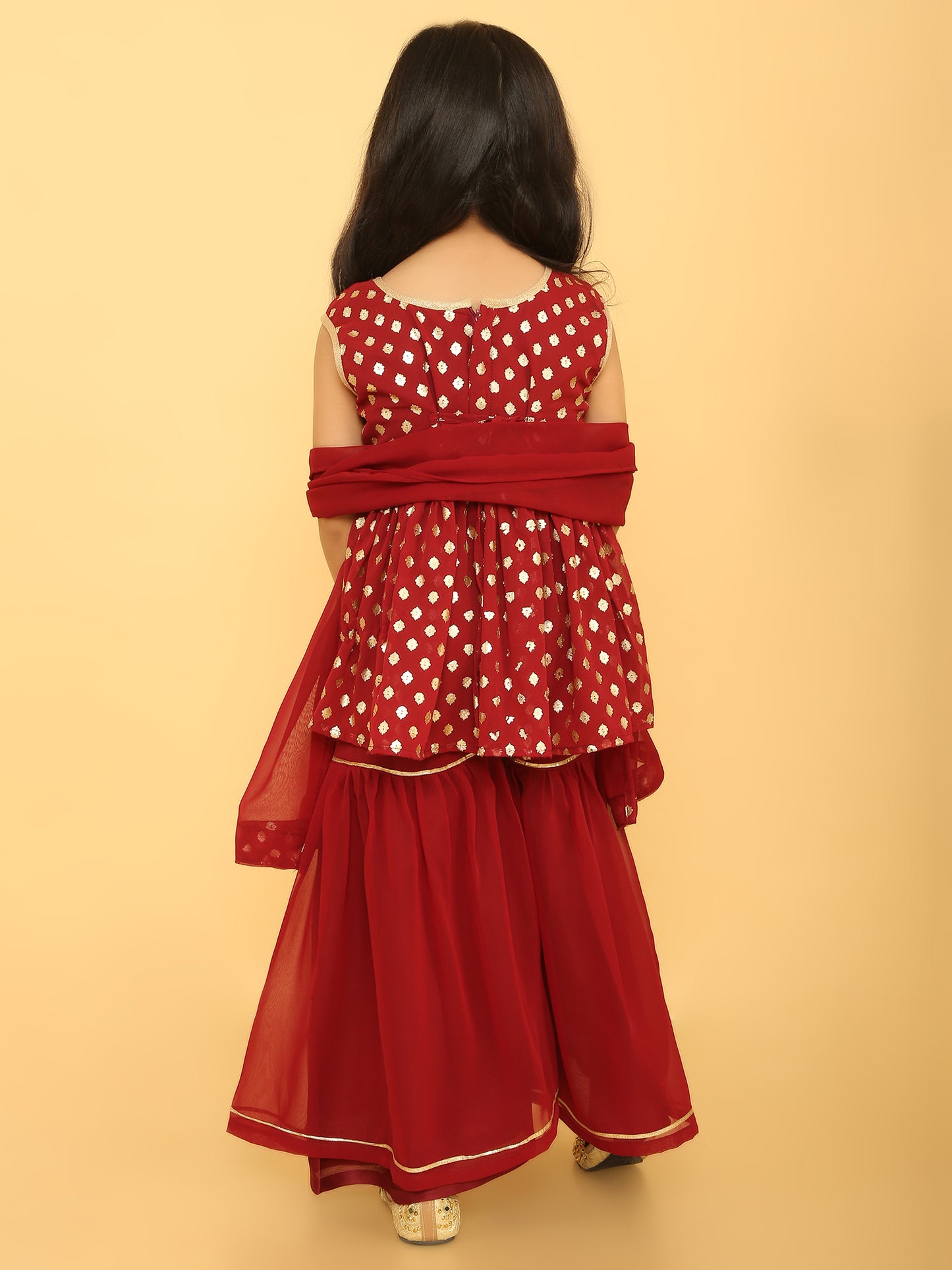 Golden dots georgett peplum top and sharara-Maroon