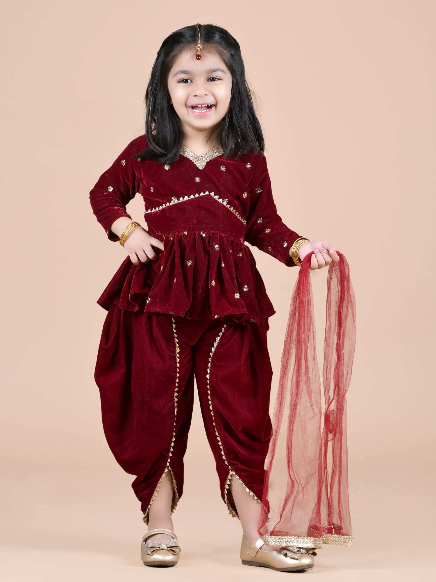 velvet peplum top with dhoti -Maroon