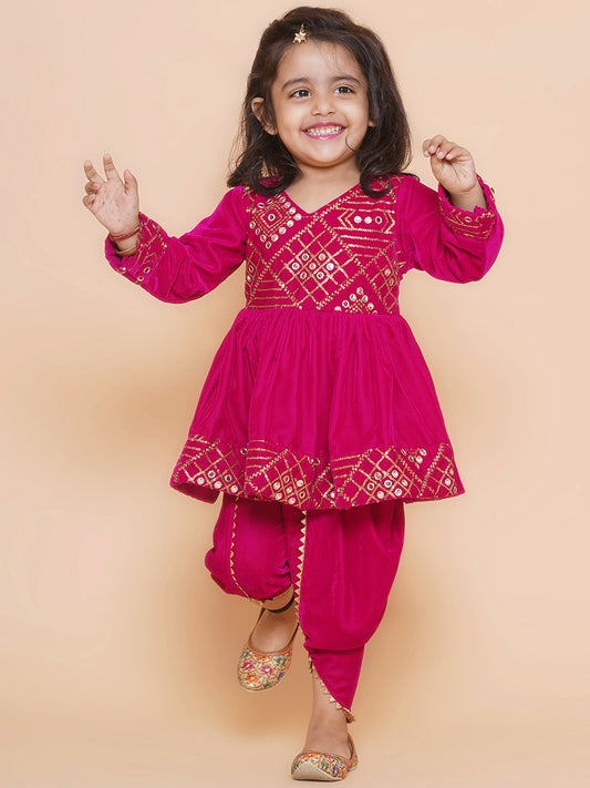 Embroidered velvet top with dhoti -Fuschia