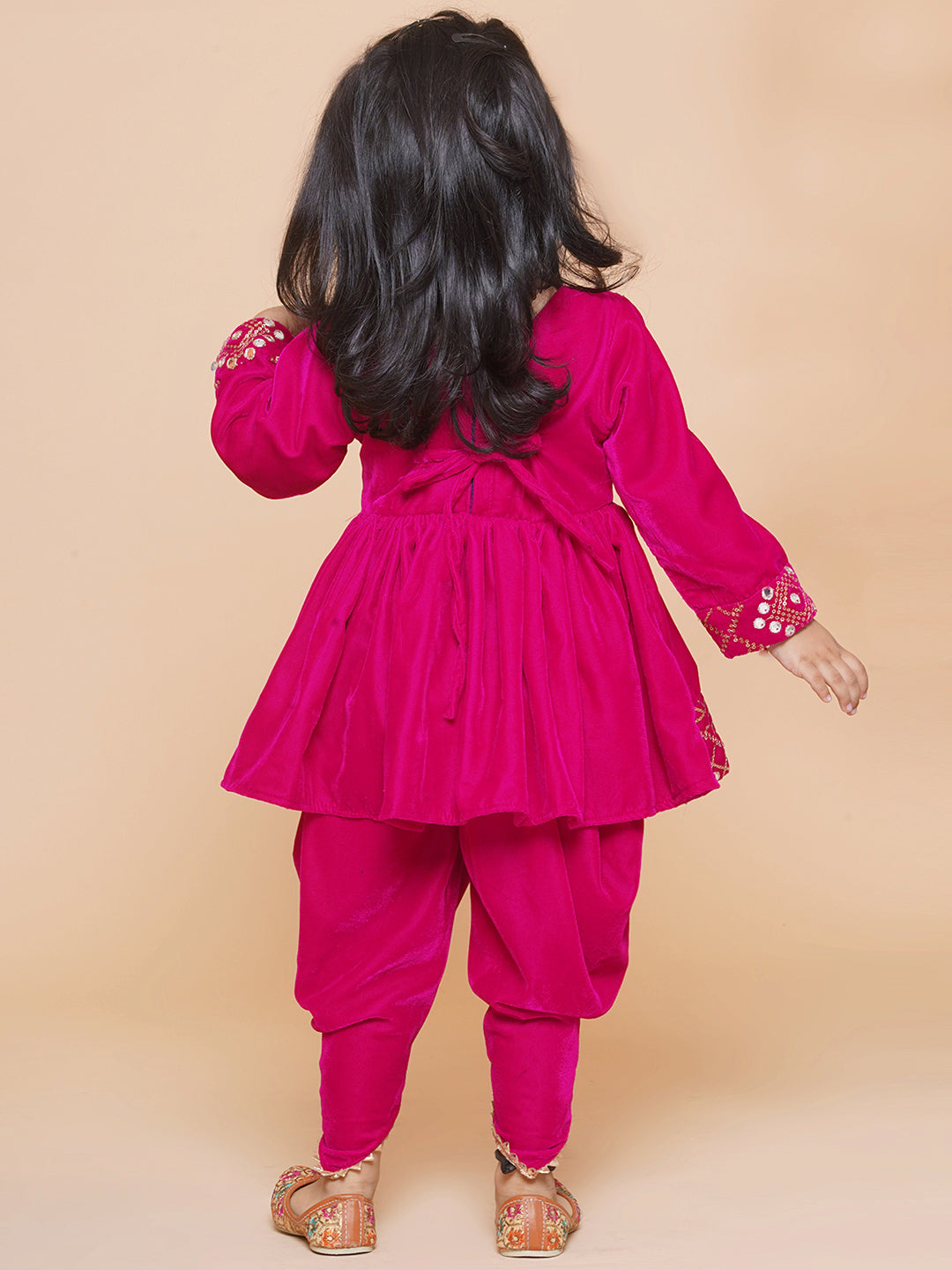 Embroidered velvet top with dhoti -Fuschia