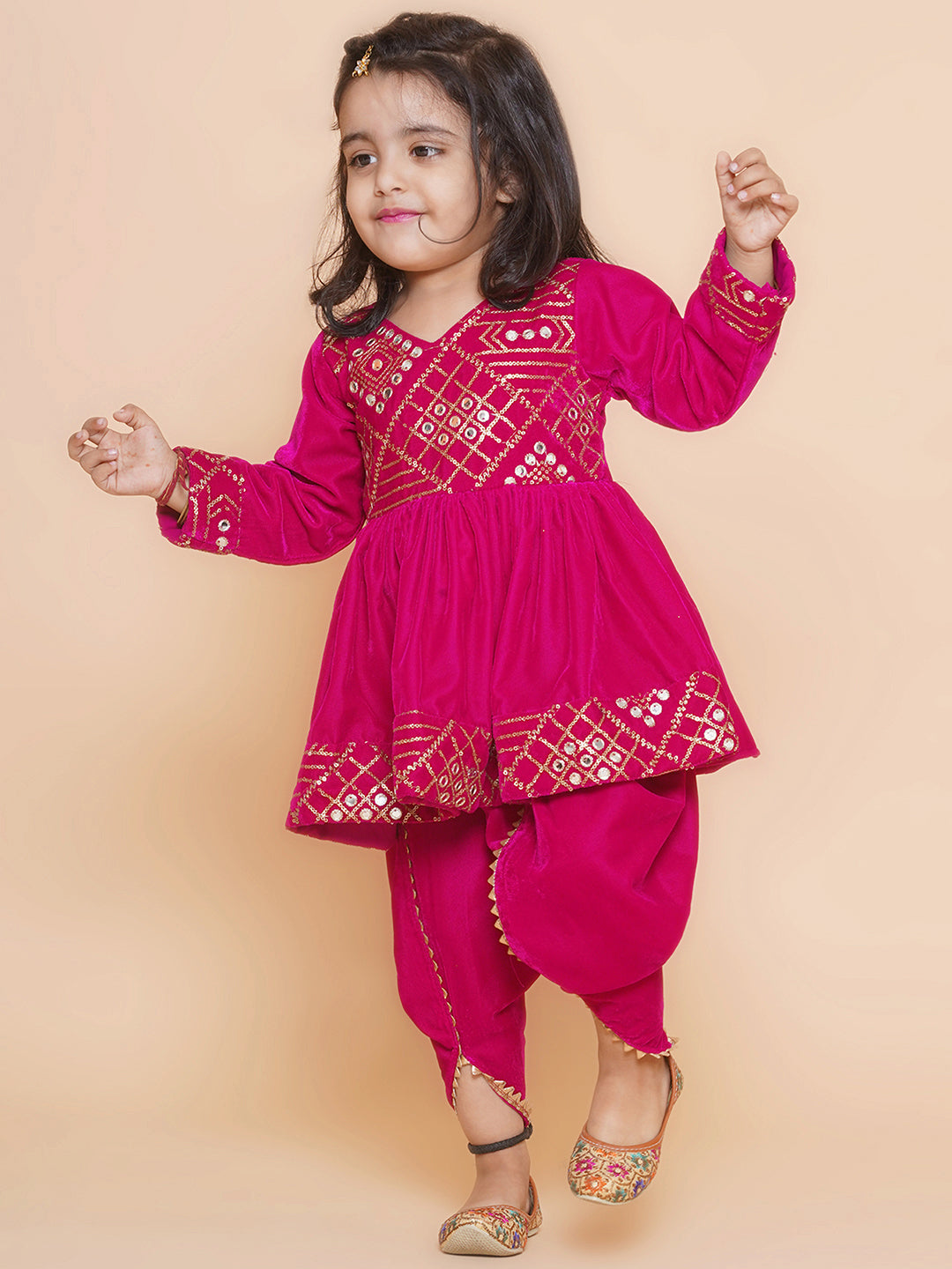 Embroidered velvet top with dhoti -Fuschia