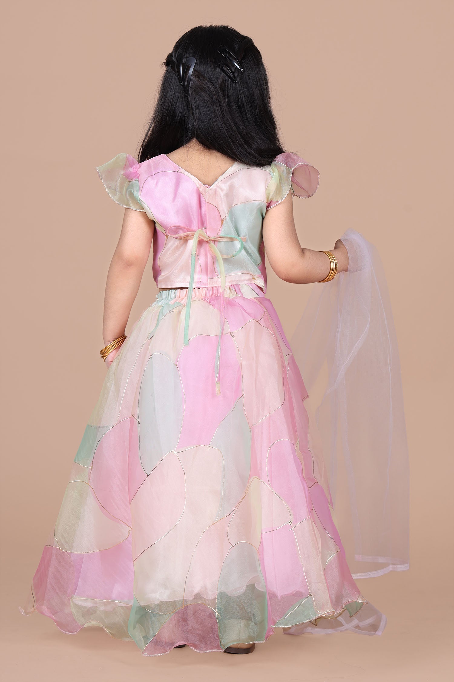 Multicoloured organza lehenga with flared top and dupatta-Multicolour