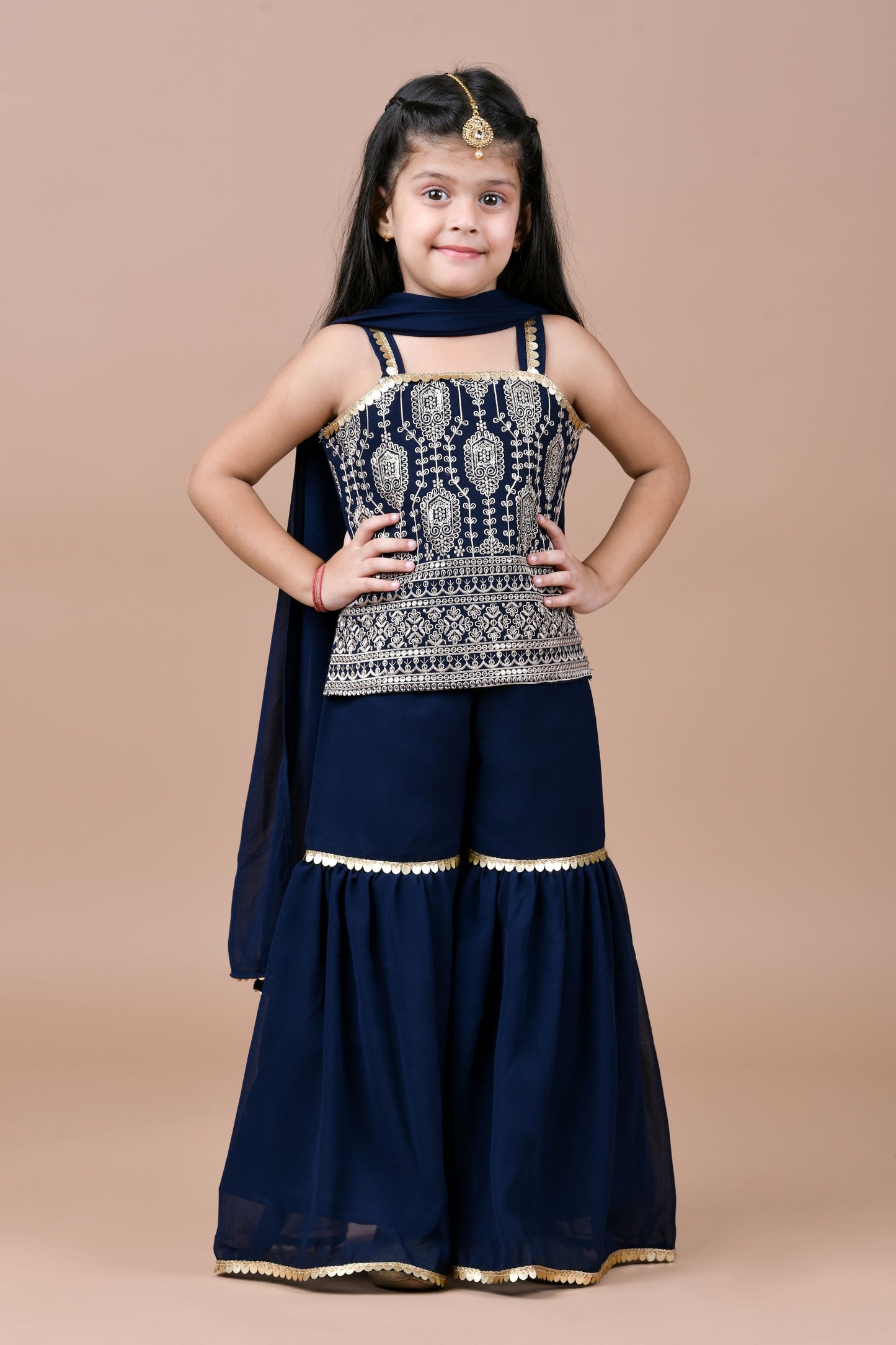 Embroidered top with sharara and dupatta-Navy Blue
