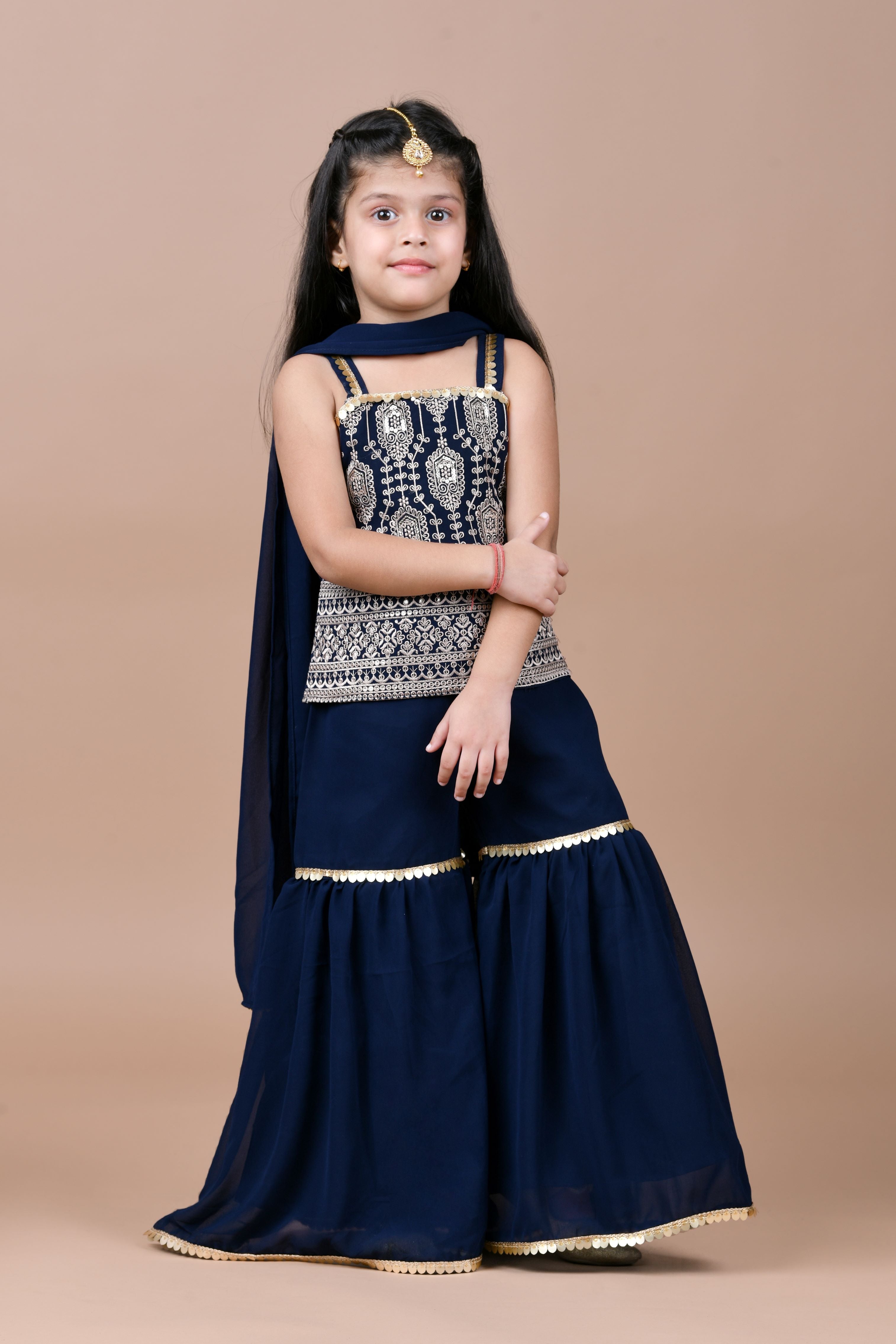 Embroidered top with sharara and dupatta-Navy Blue