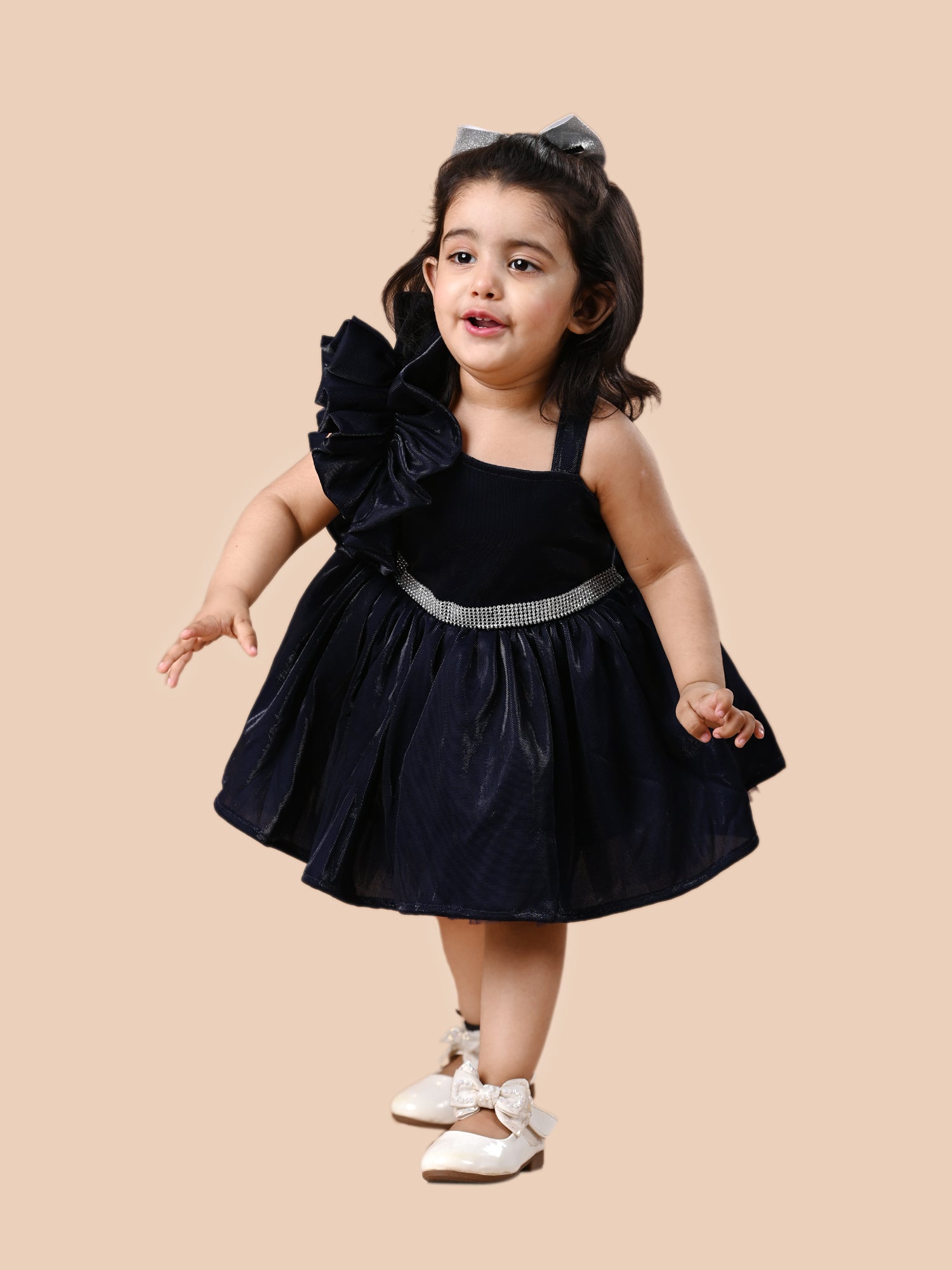 Navy solid satin box pleated frock