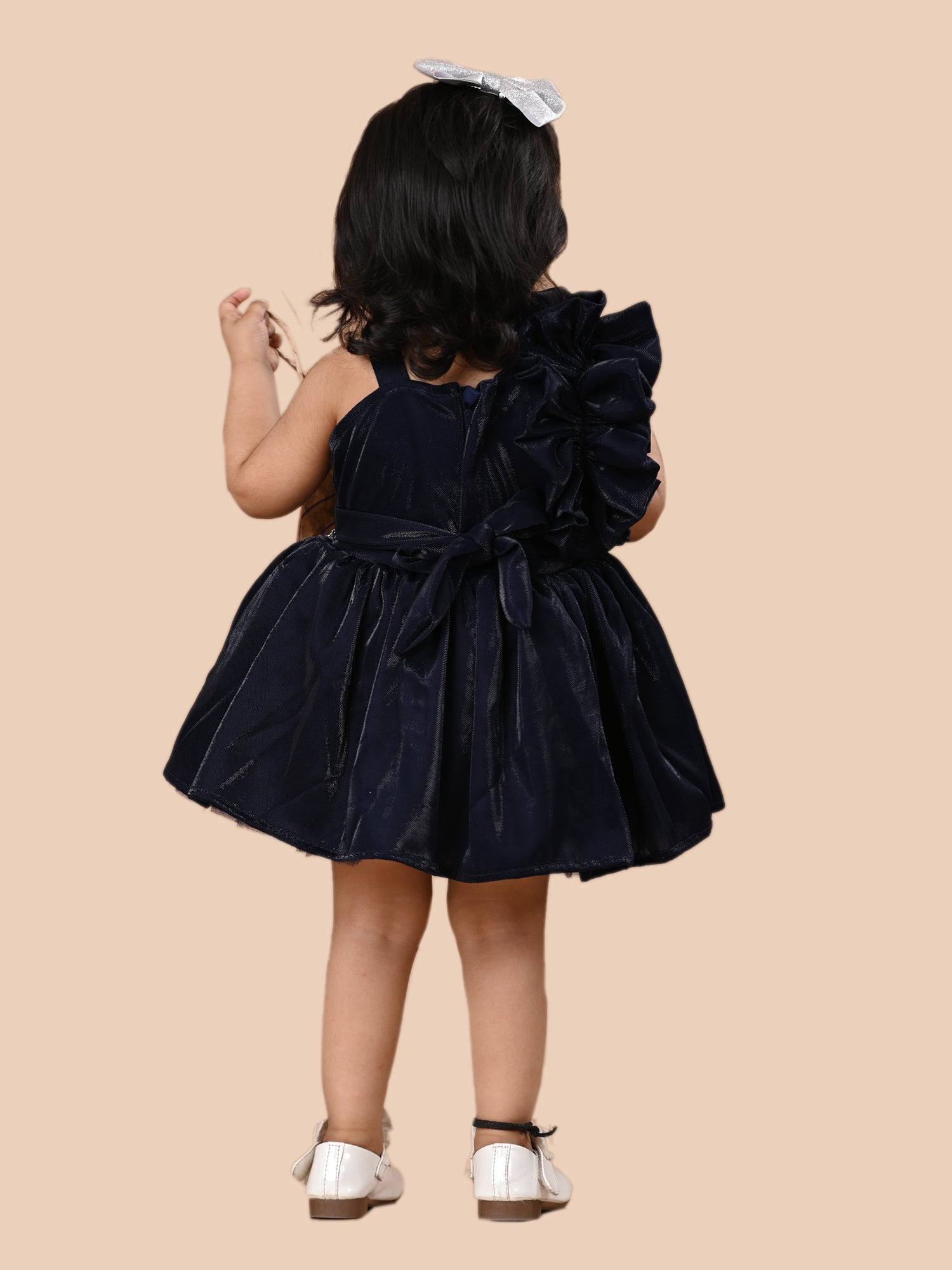 Navy solid satin box pleated frock