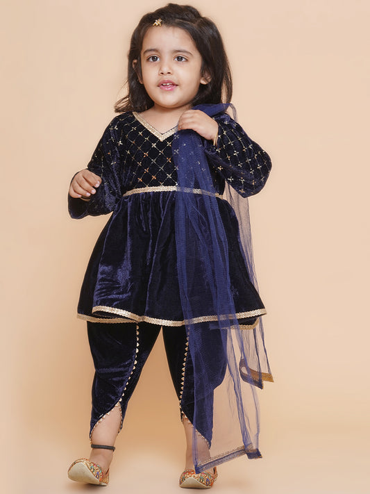 Full sleeves navy velvet top with dhoti -Nabyblue