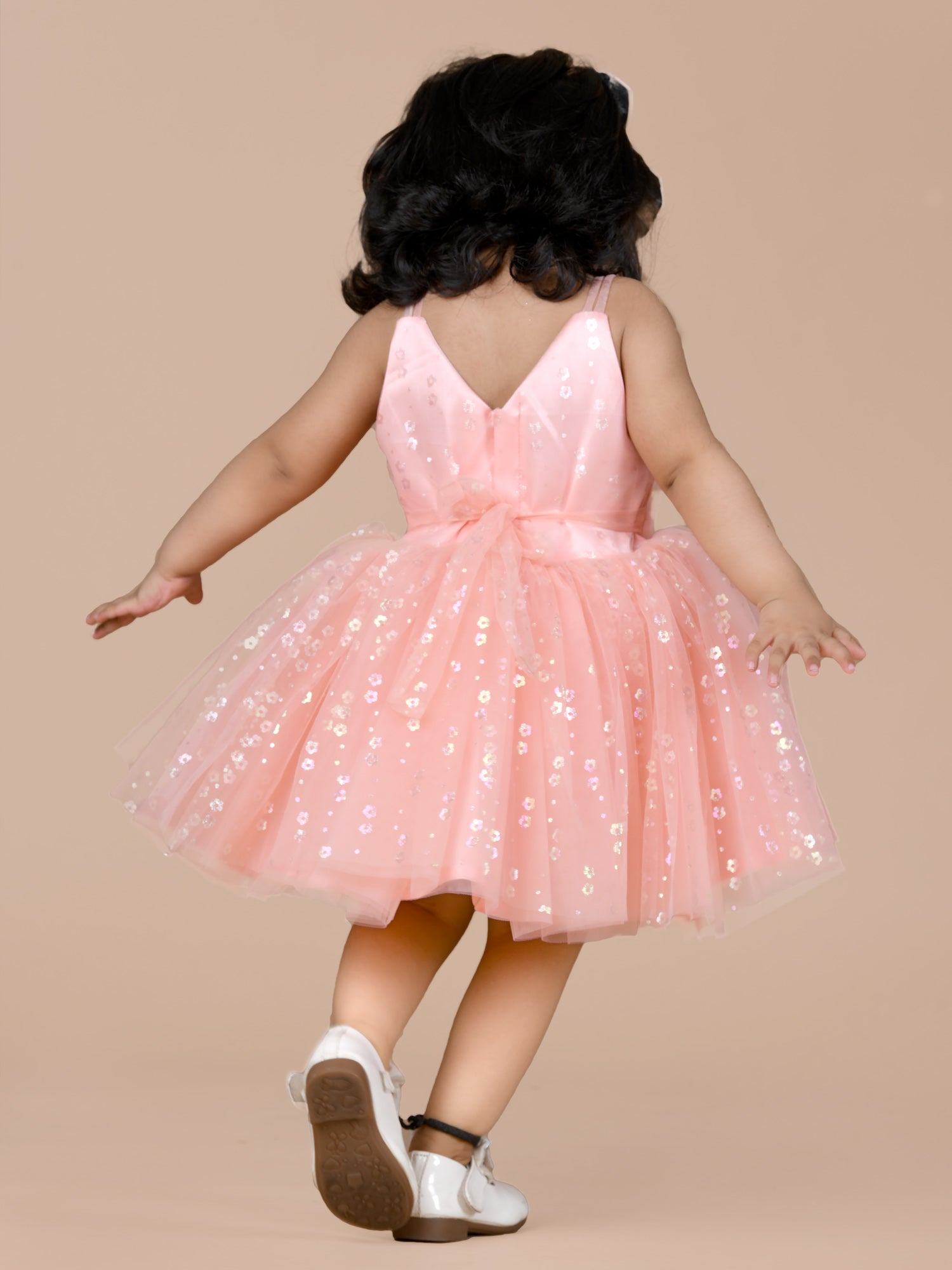 Soft and pretty fit and flare net party frock-Peach