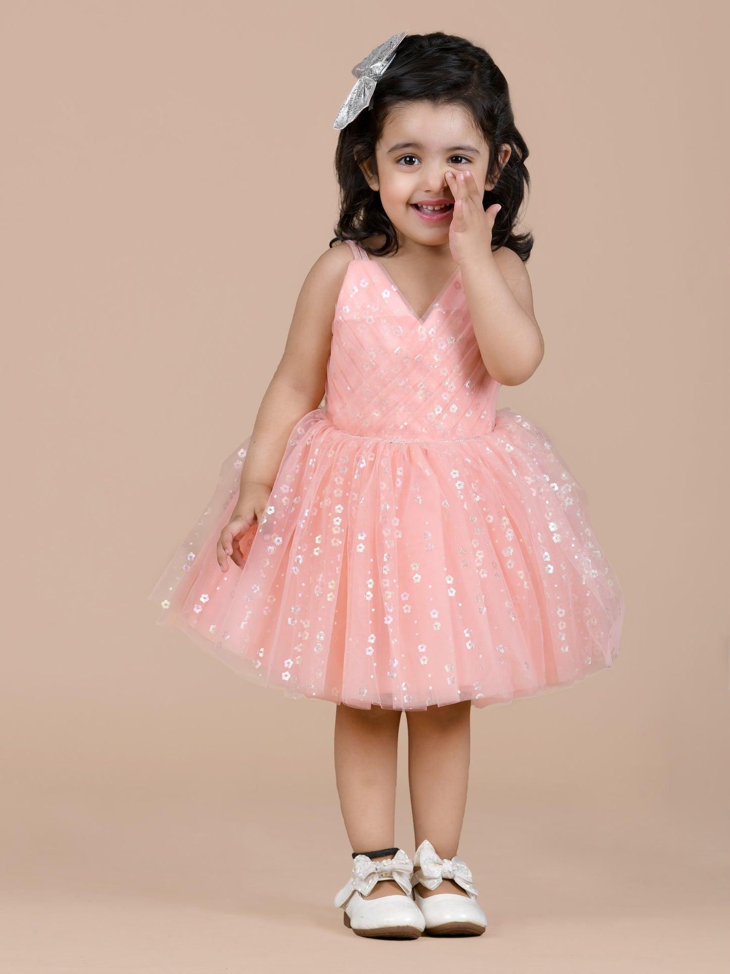 Soft and pretty fit and flare net party frock-Peach