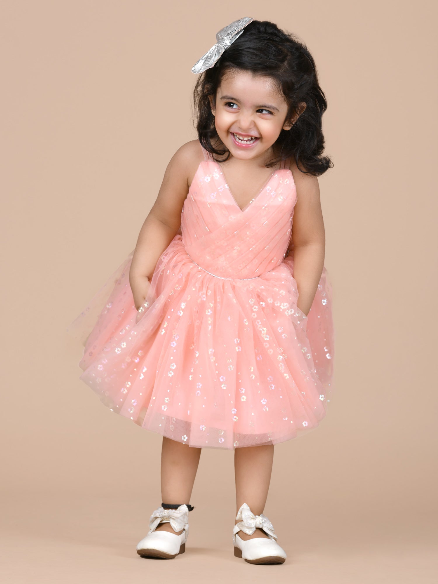 Soft and pretty fit and flare net party frock-Peach