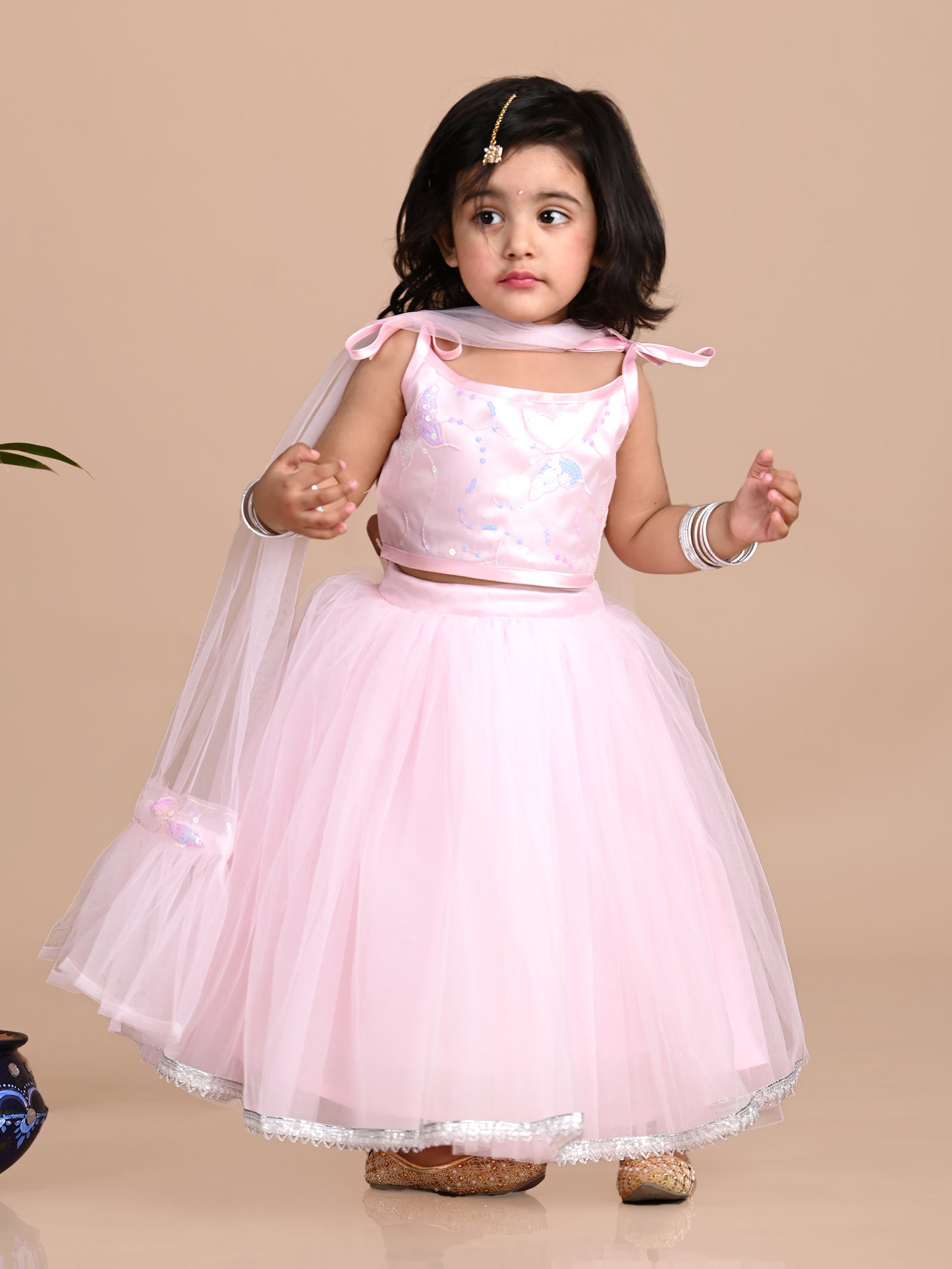 Sleeveless Embellished Choli Net Lehenga & Dupatta - Pink