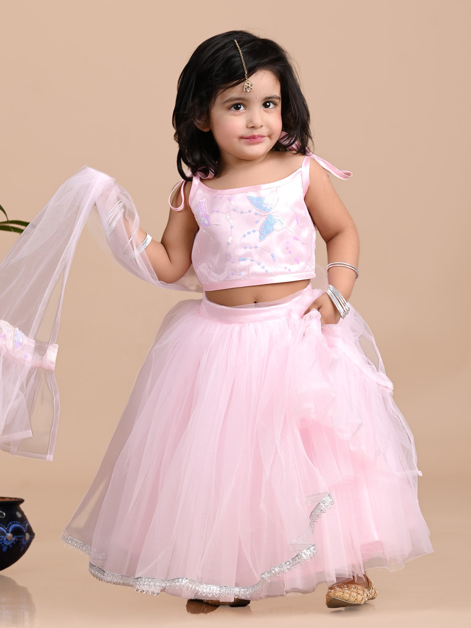 Sleeveless Embellished Choli Net Lehenga & Dupatta - Pink