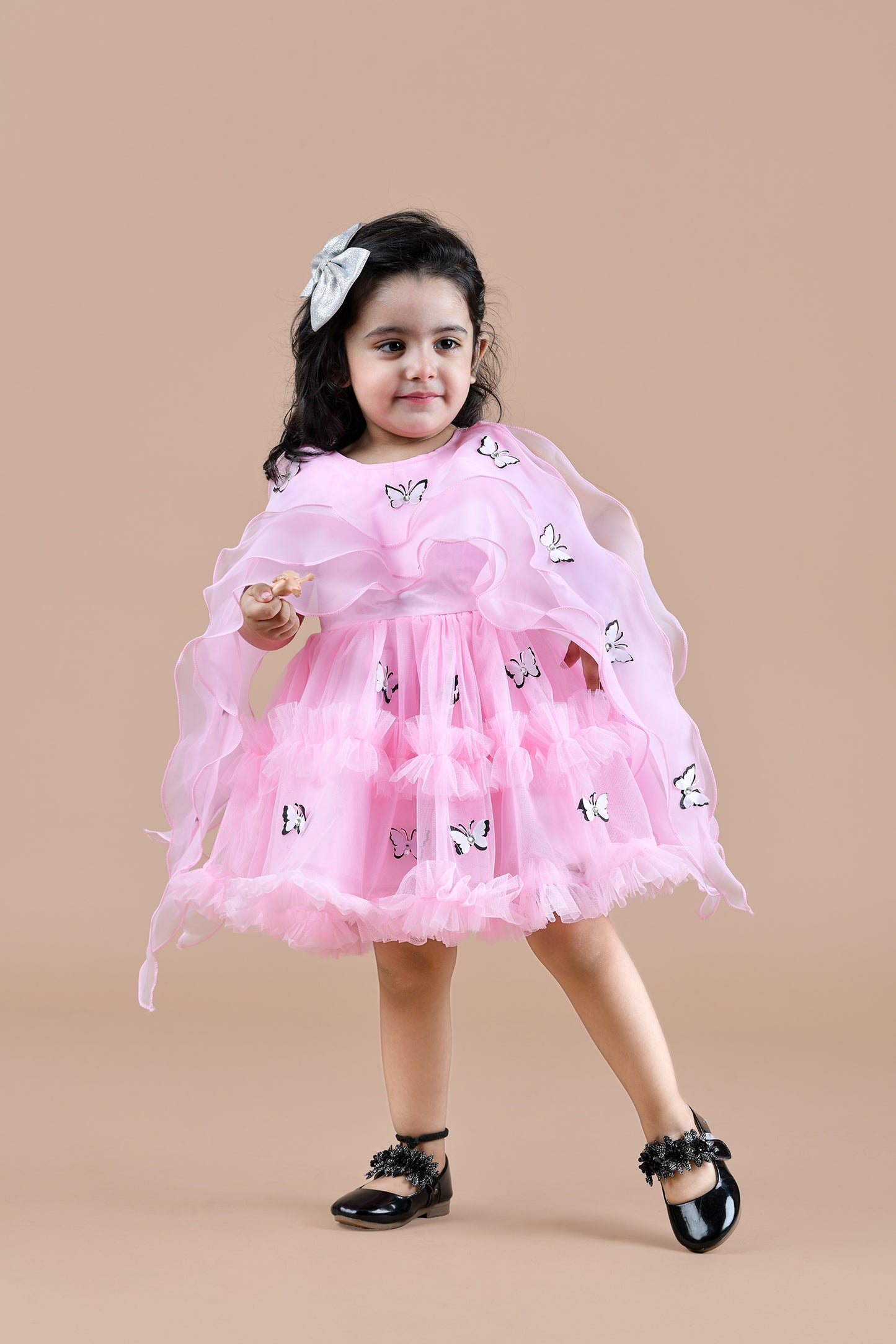 Butterfly studded fit and flare soft net party frock-Pink