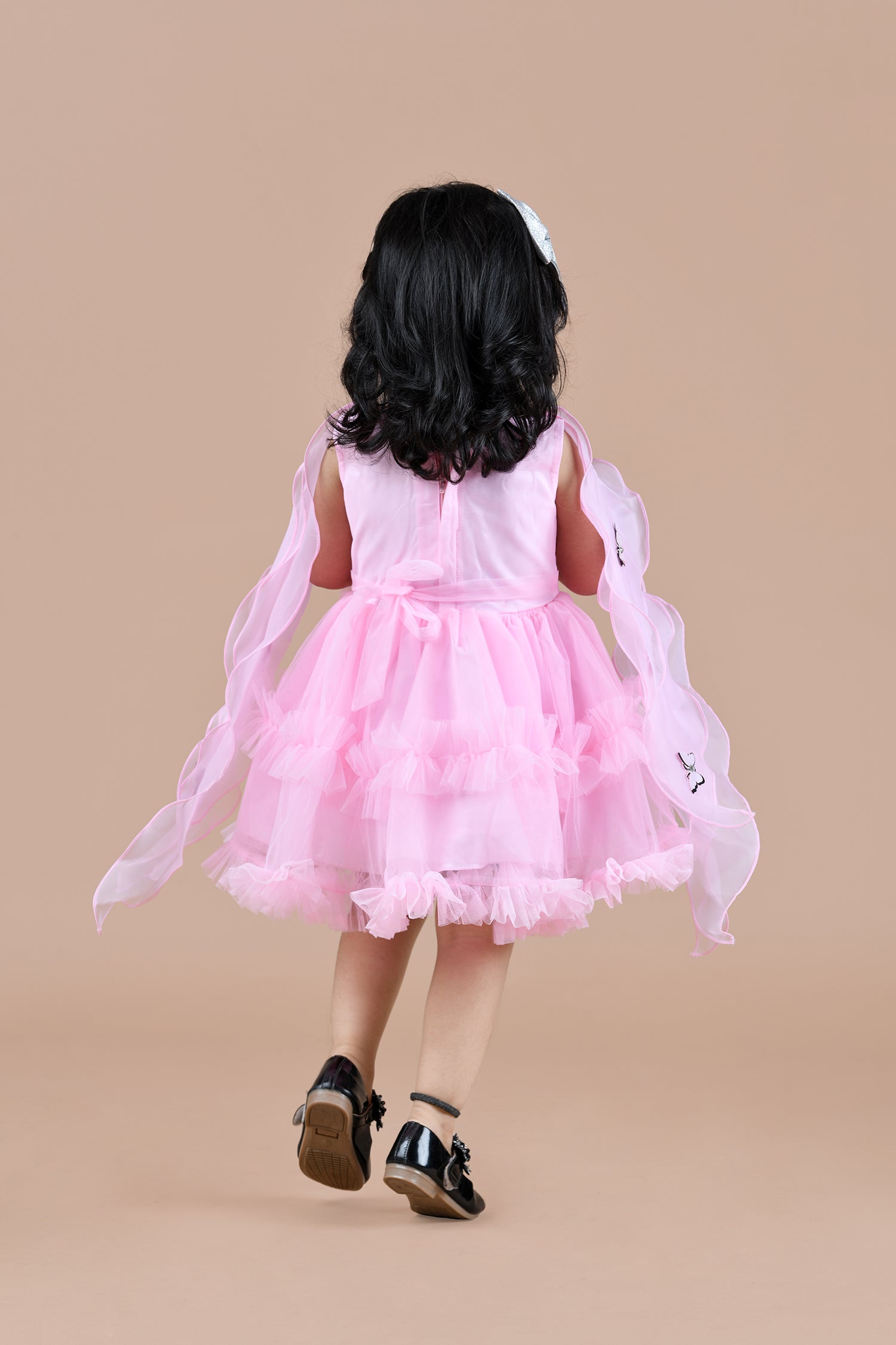 Butterfly studded fit and flare soft net party frock-Pink