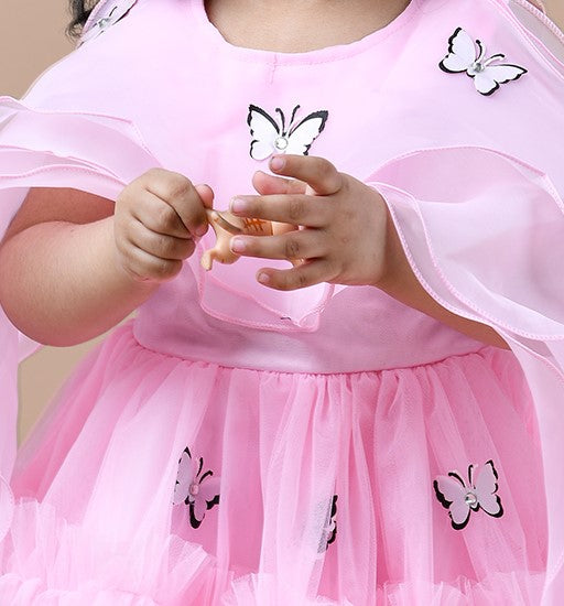 Butterfly studded fit and flare soft net party frock-Pink