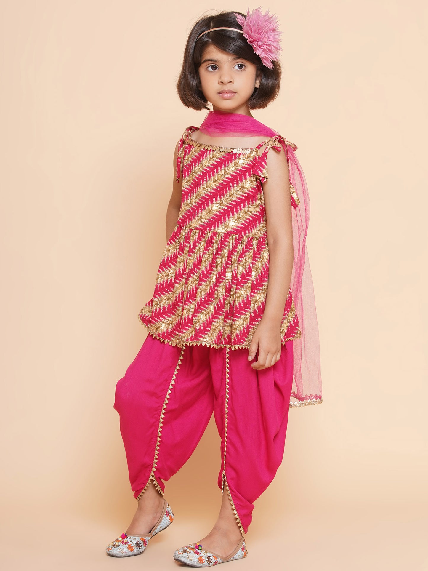 Rayon printed top with dhoti and dupatta- Pink