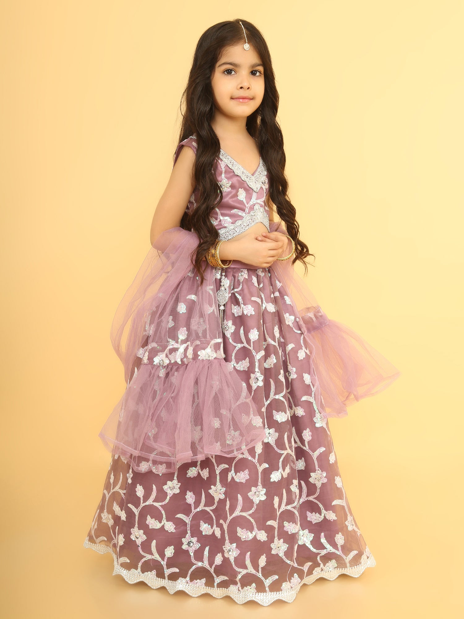 embroidered net lehenga and choli with dupatta-lilac