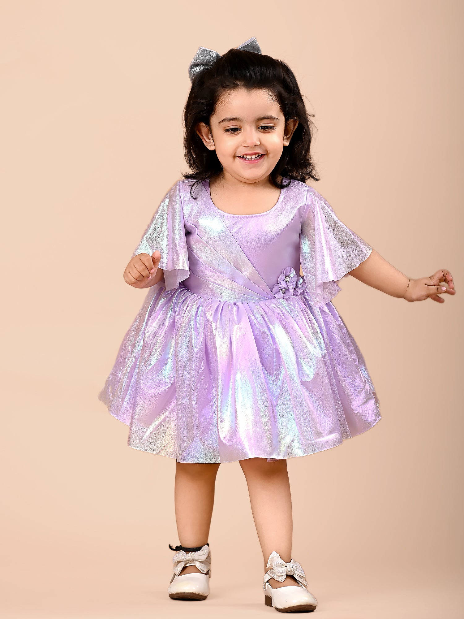 bell sleeves purple synthetic party frock-T-Purplesynth