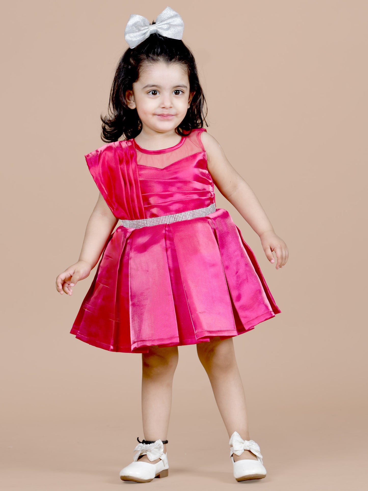 Solid and shiny bulgarian satin party frock-Magenta