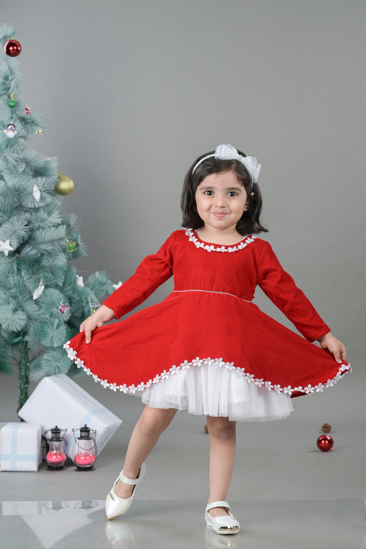 Flower embelished velvet christmas frock-Red